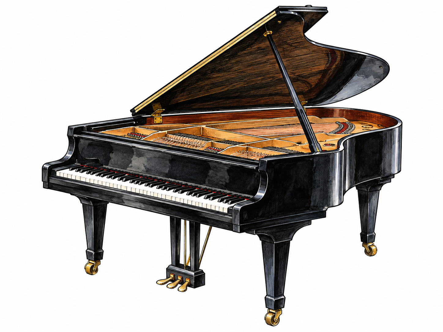 A black acoustic grand piano with lid raised revealing strings and hammers, keyboard clearly visible, isolated on white ground, no brand or lettering.