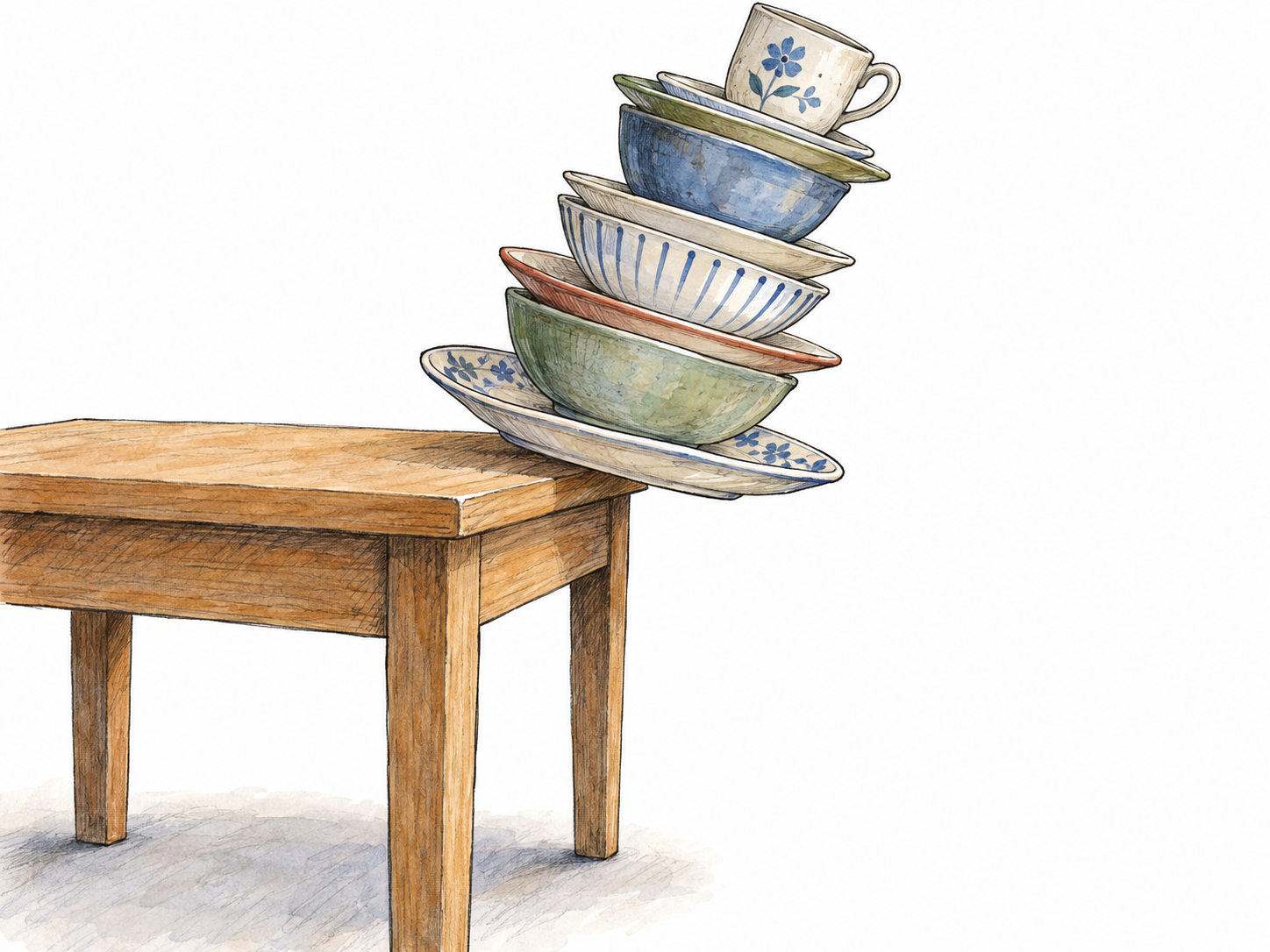 A tall, visibly leaning stack of mismatched ceramic dishes balances on a small table, with its bottom plate projecting far beyond the edge and the upper dishes slipping toward the exposed drop.
