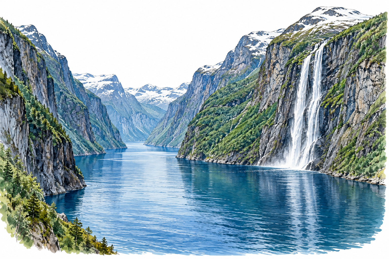 Norwegian fjord long narrow blue sea inlet between towering steep cliffs and waterfall, no broad open bay.