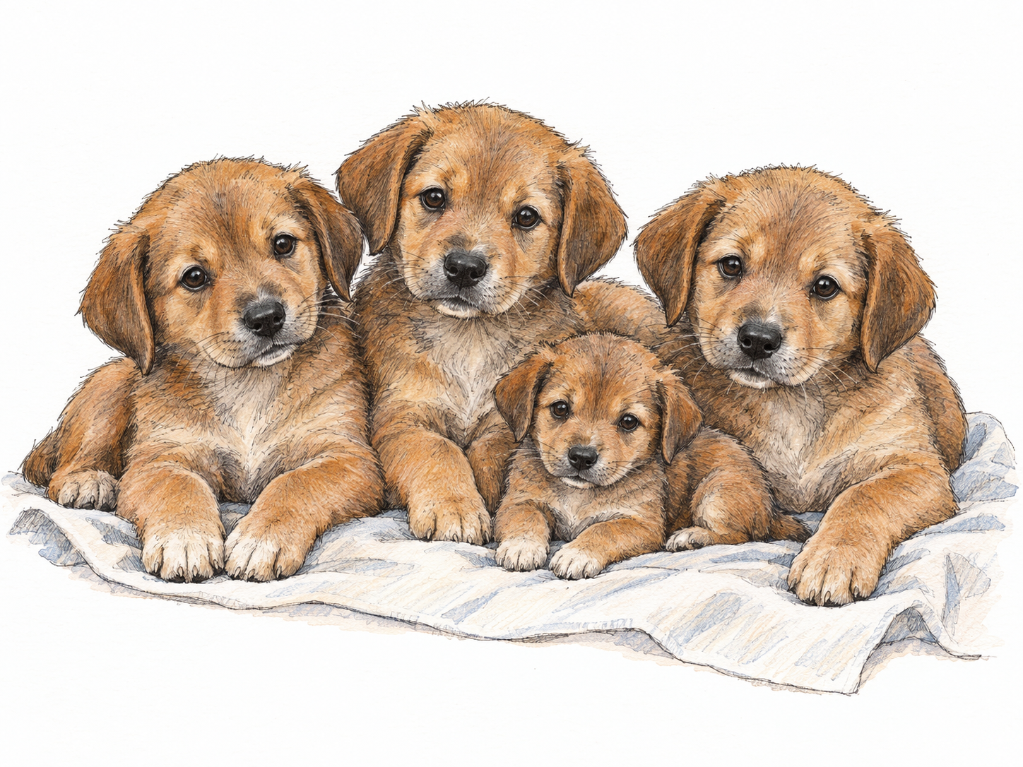 Four young puppies from one litter rest together, with one clearly smaller puppy nestled beside its three larger littermates.