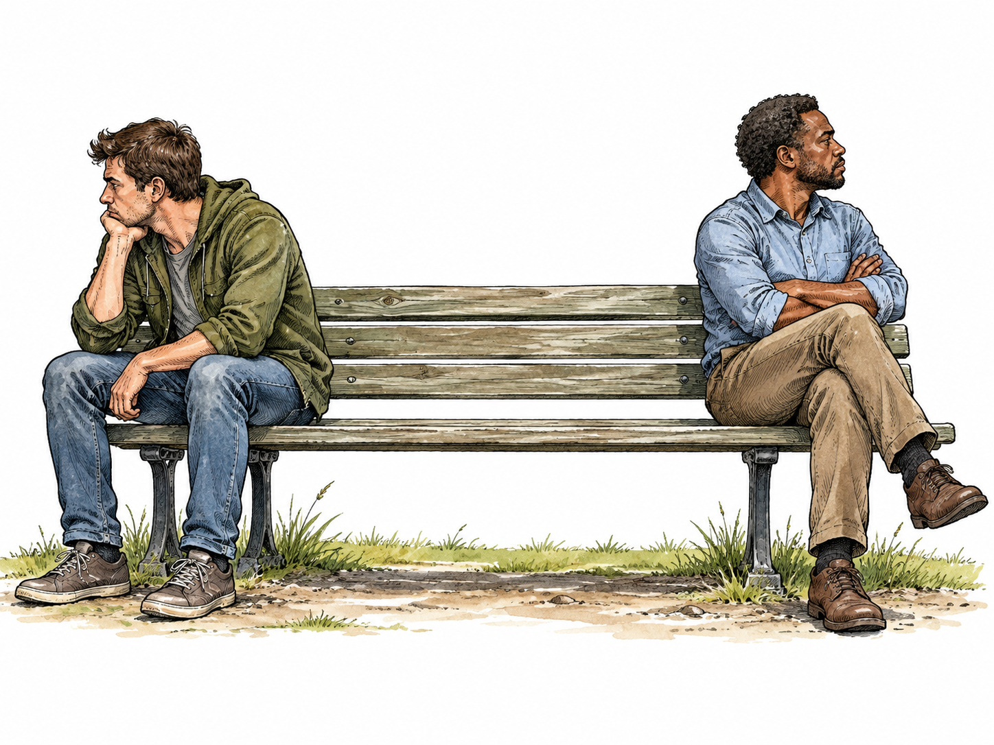Two former friends sit far apart with backs turned at opposite ends of a bench.