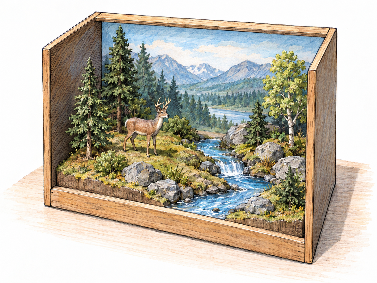 An open-front tabletop display box contains a miniature woodland scene, with visibly three-dimensional model trees, rocks, a deer, and a winding stream against a painted backdrop.
