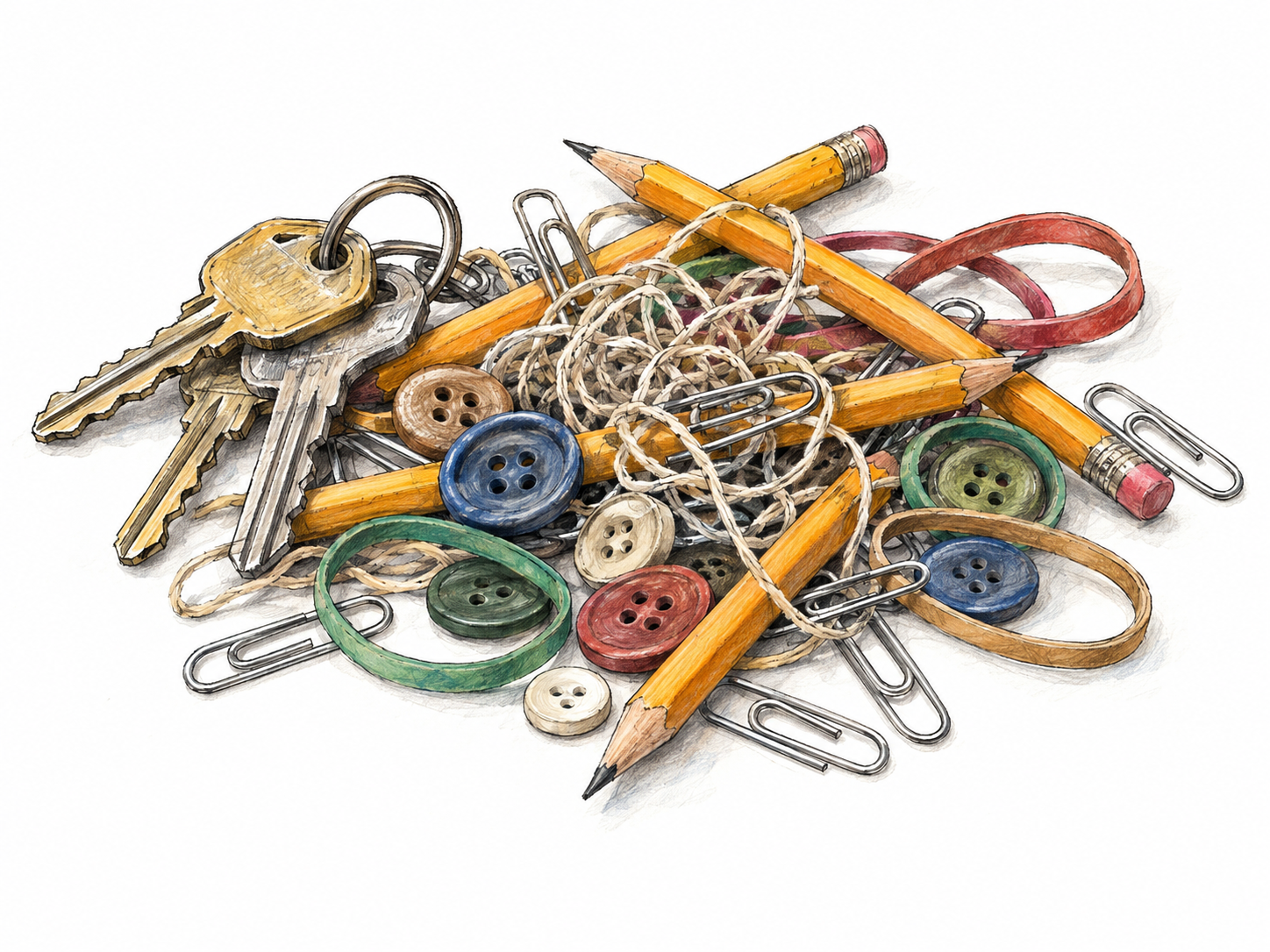 A tangled, overlapping heap of everyday objects—keys, loose paper clips, rubber bands, string, buttons, and pencils—forms a visibly confused jumble on an otherwise empty white surface.