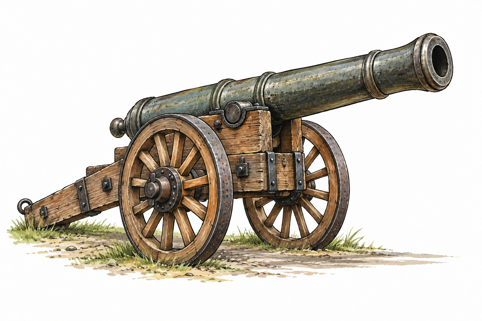 A historical cannon with large metal barrel on sturdy wheeled carriage, no firing and no people.