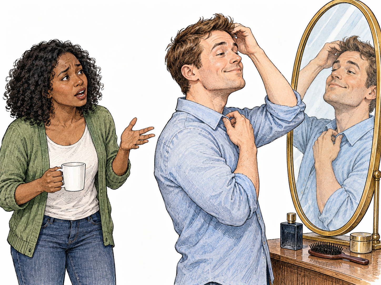 An adult keeps admiring their own reflection while ignoring a friends attempt to share news; excessive self-focus shown by behavior, no psychiatric diagnosis claim.