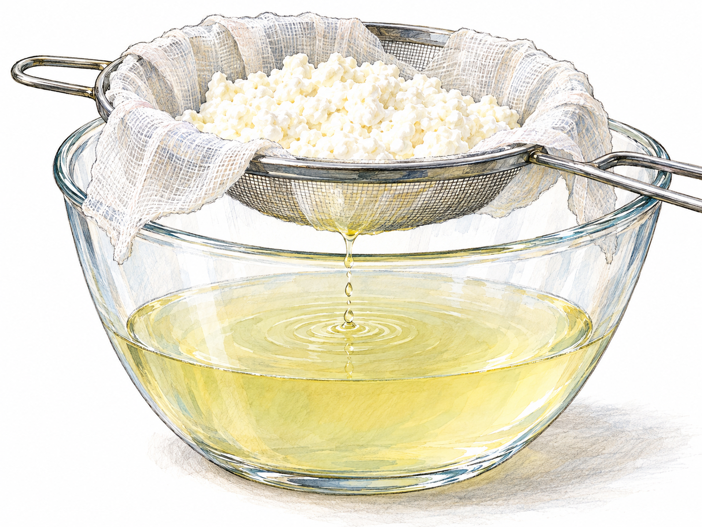 Fresh white milk curds drain in a cheesecloth-lined strainer above a clear glass bowl, with thin pale-yellow whey visibly dripping into the collected translucent liquid below.