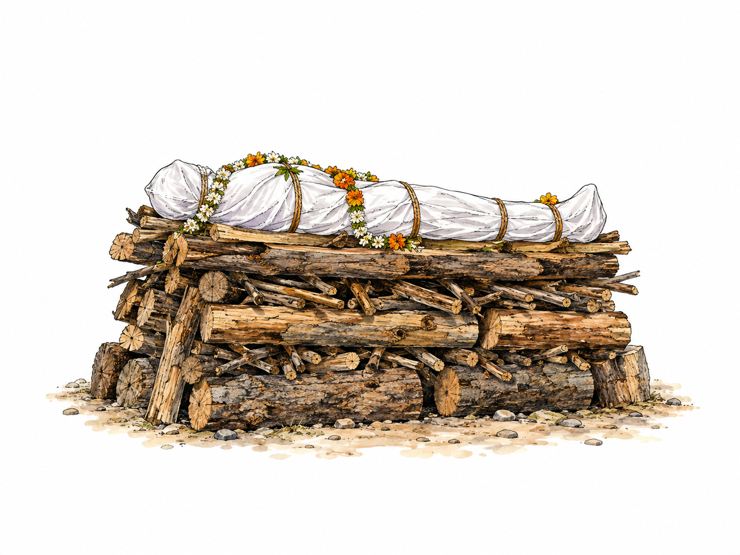 Carefully stacked ceremonial funeral wood pyre with white-shrouded human-sized form completely covered atop, unlit, non-graphic.