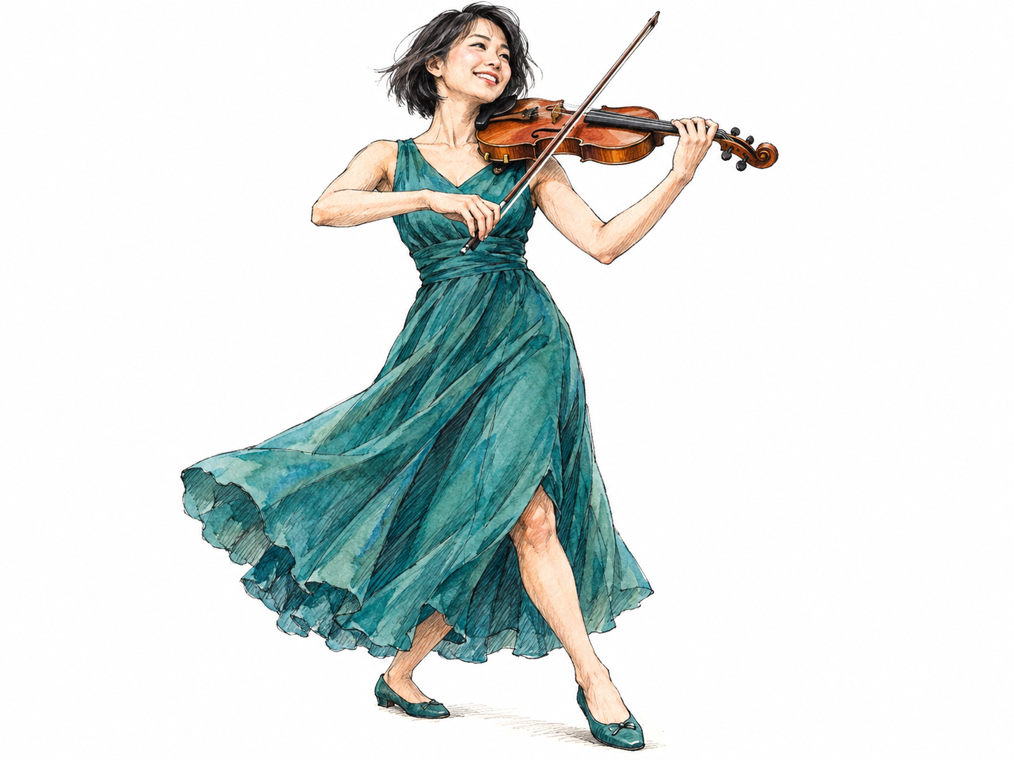 A young woman violinist performs with exuberant, stylish confidence: an expansive bowing gesture, buoyant stance, lifted chin, and delighted smile make her lively energy visible.