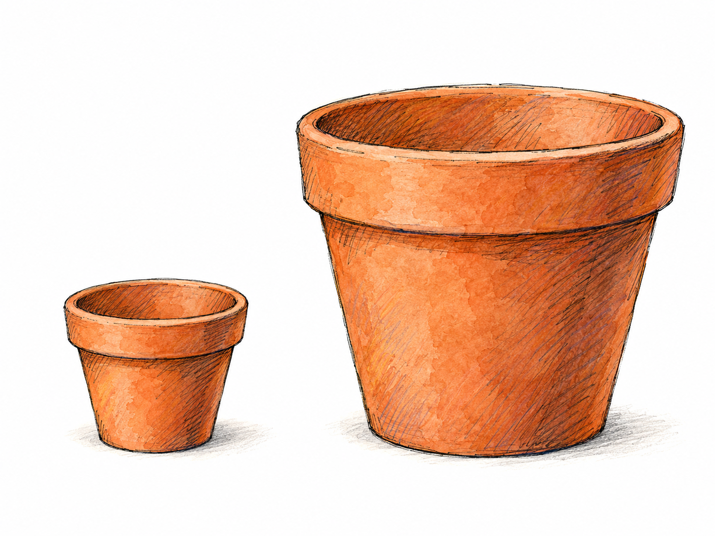 A little terracotta flowerpot beside a much larger flowerpot of the same design, making small physical size immediately visible.
