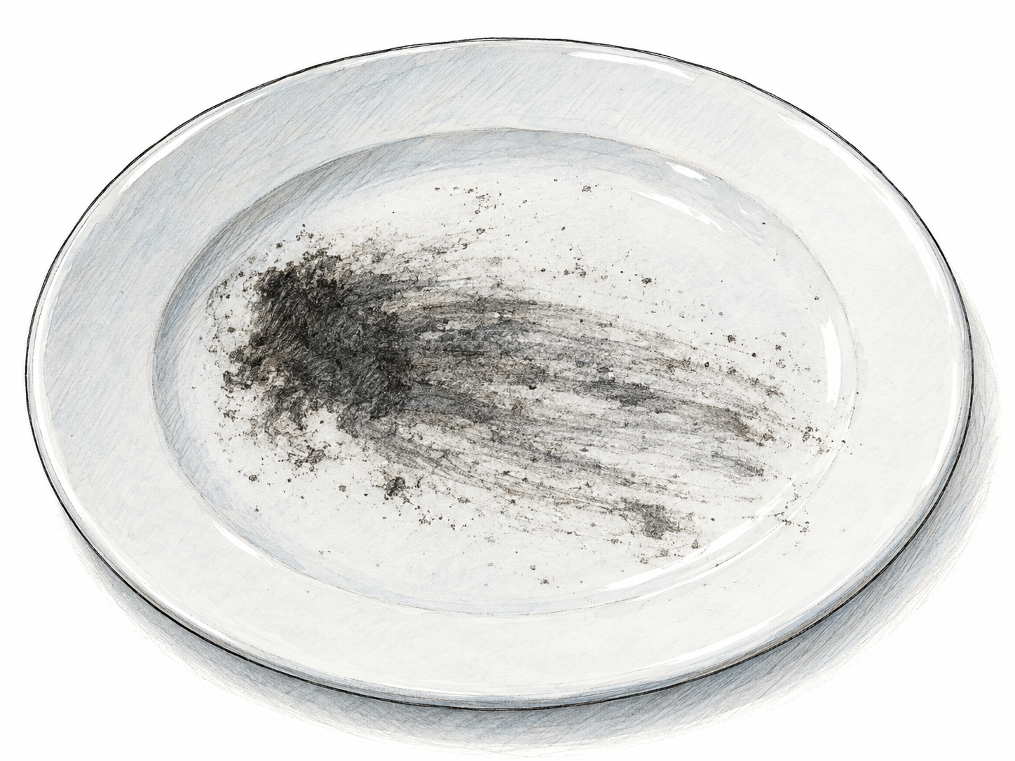 A clean white ceramic plate bears a single conspicuous charcoal-gray smudge, with a dark center dragged into soft, dirty streaks.