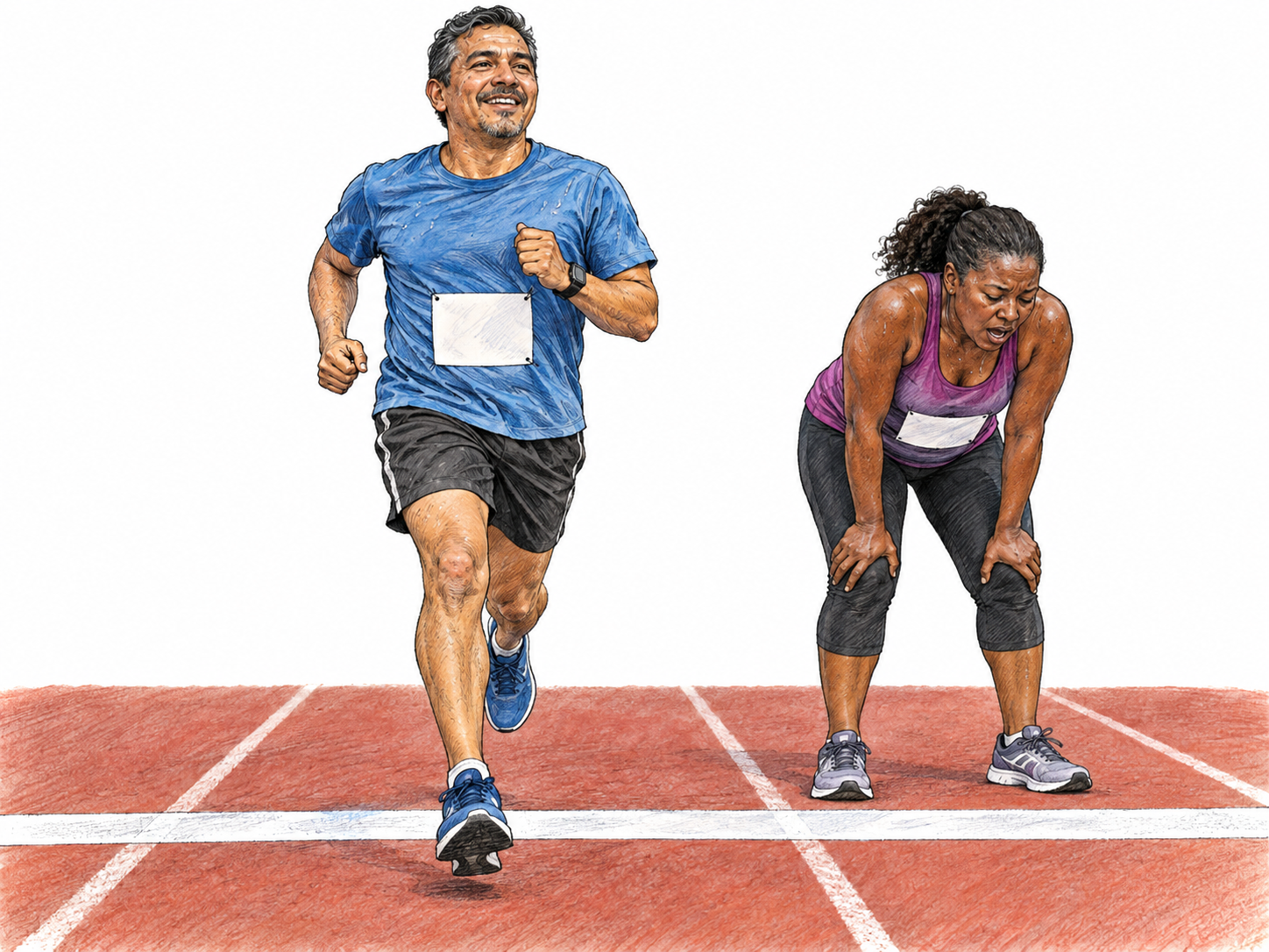 At a running-track finish line, a middle-aged man remains upright and springy in his stride while a fellow runner has stopped, bent over with hands on knees.