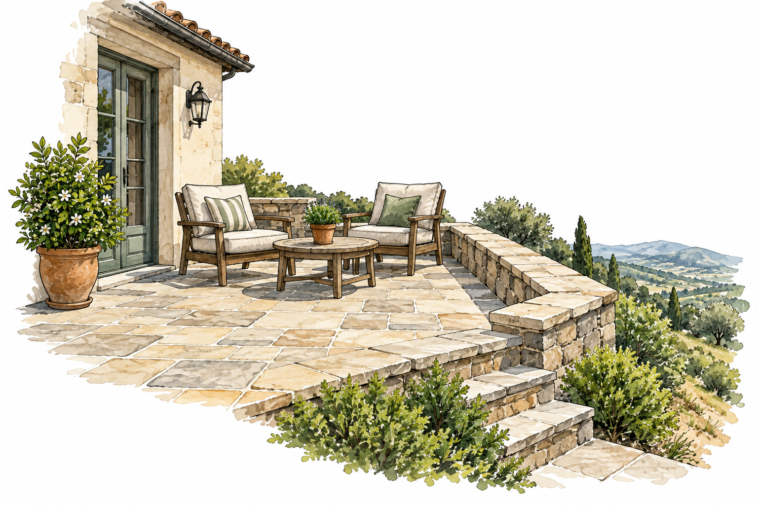 A flat stone paved outdoor terrace adjoining a house with chairs and a potted plant, clear level platform overlooking a slope.