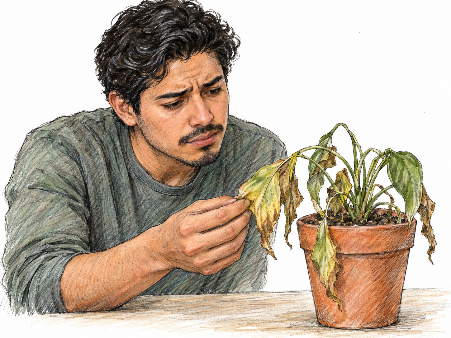 A young adult Latino man looks with concern at his wilted potted plant, gently supporting a drooping leaf as he checks its condition.