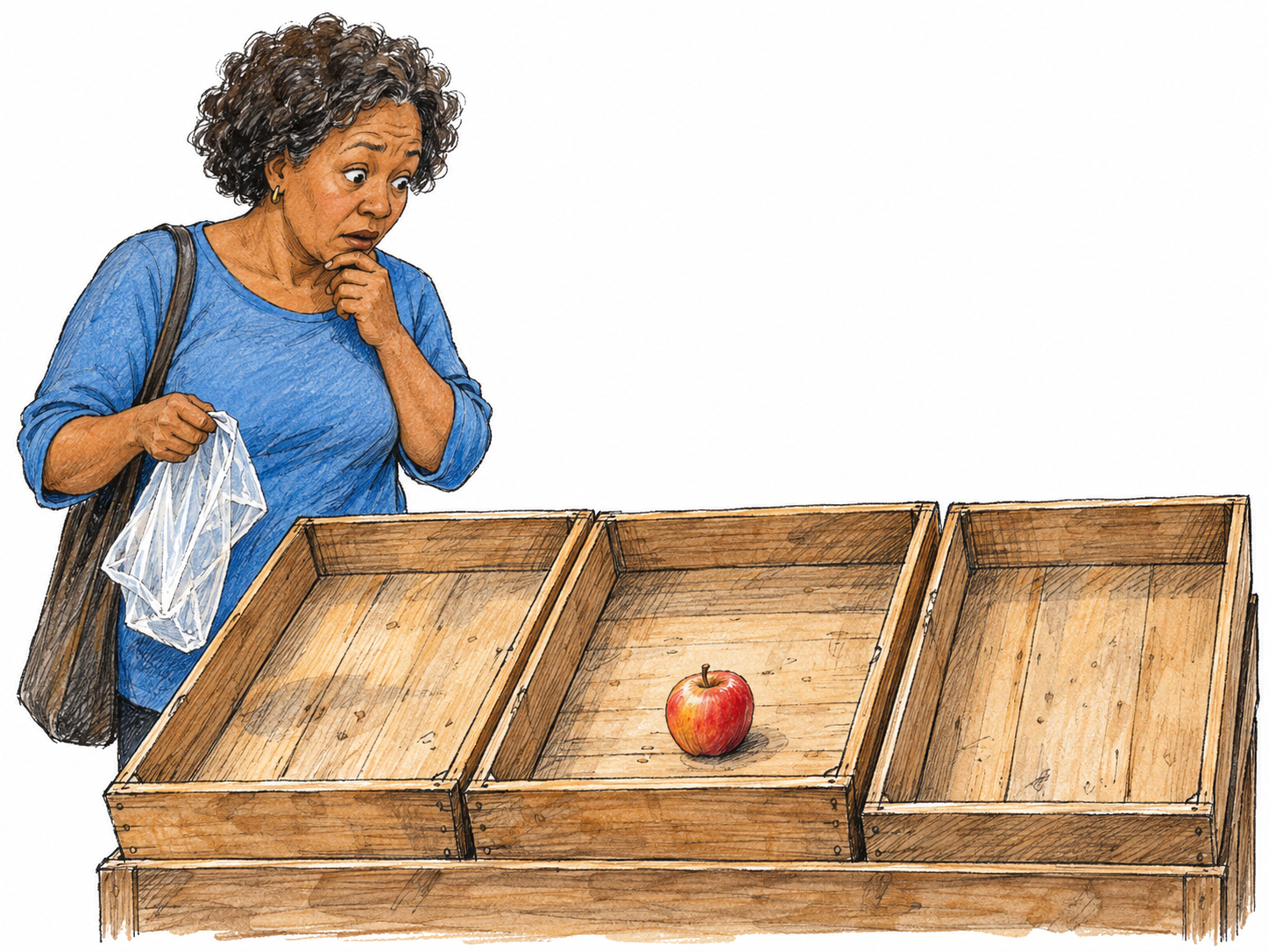 A produce stall with three large nearly empty wooden trays and just one remaining apple in the middle tray.
