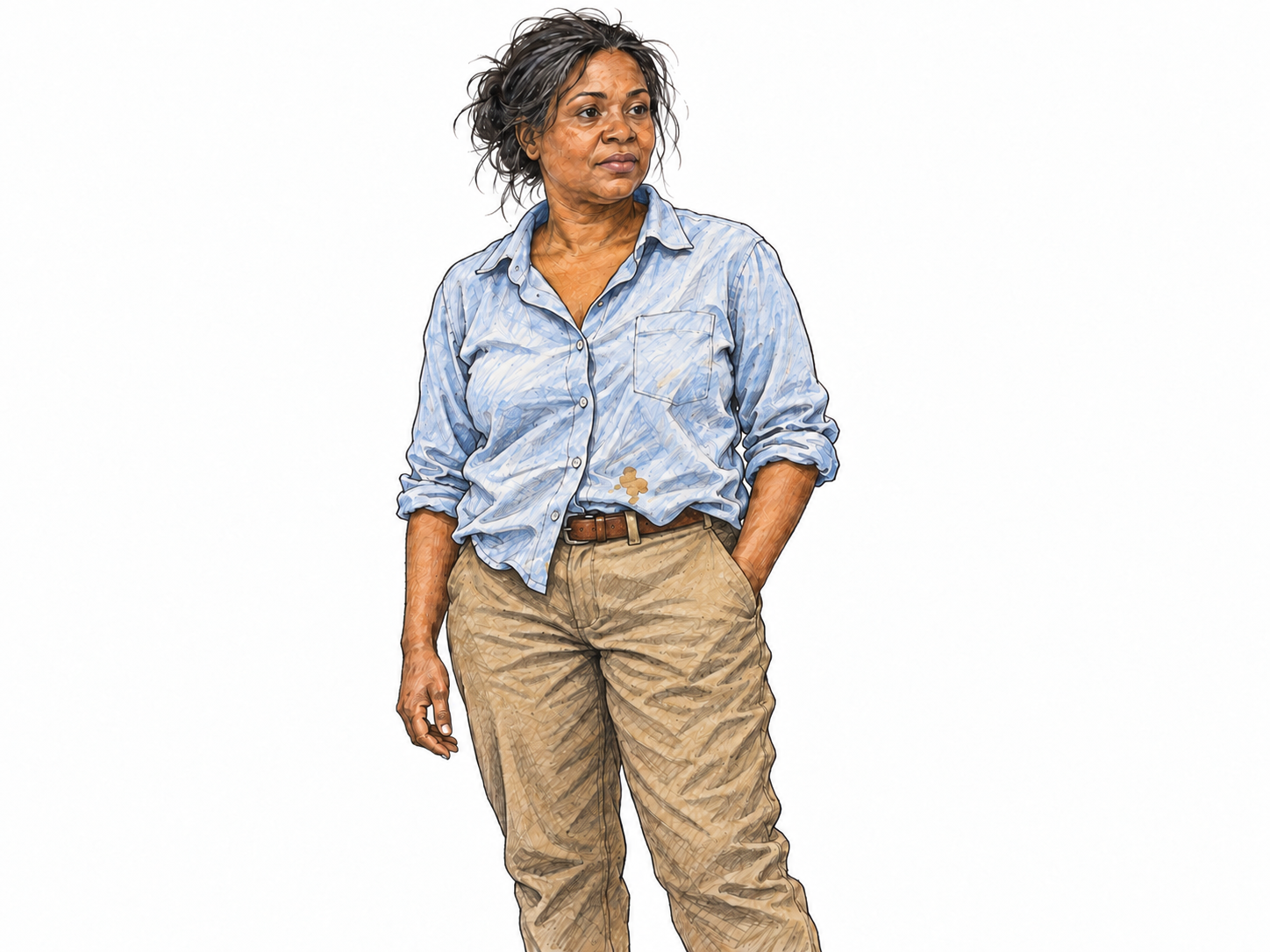 A middle-aged Black woman in visibly rumpled everyday clothes, with an unevenly tucked shirt, a small food stain, and loosely disheveled hair.