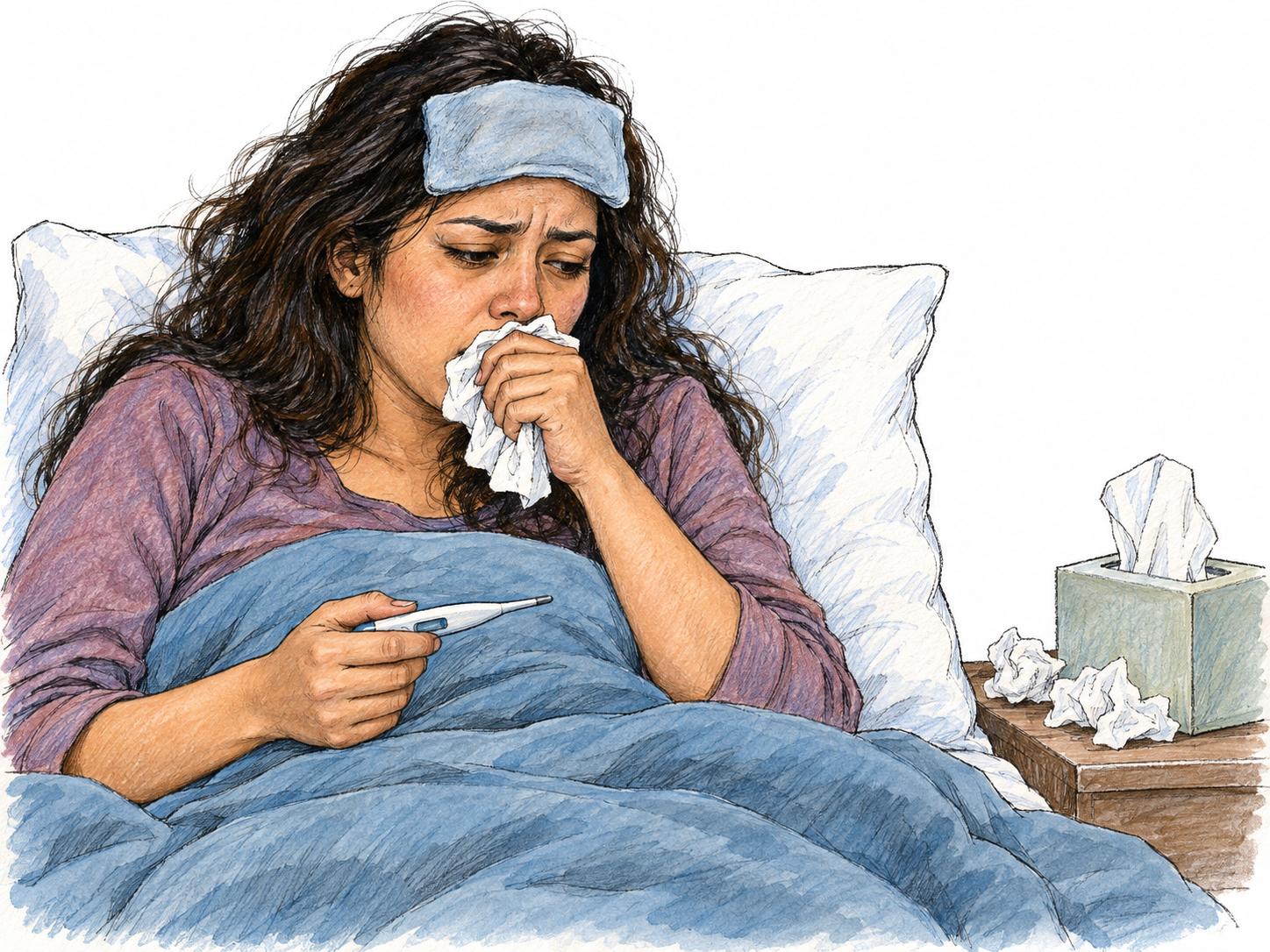A visibly ill young woman sits propped up in bed, coughing into a tissue while holding a thermometer, with a cool compress on her forehead.