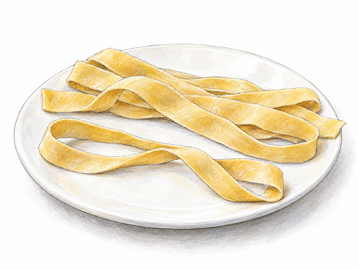 A few long, narrow pasta noodles on a plain plate, with one loosely curved strip separated in front so its thin, flattened dough shape is unmistakable.