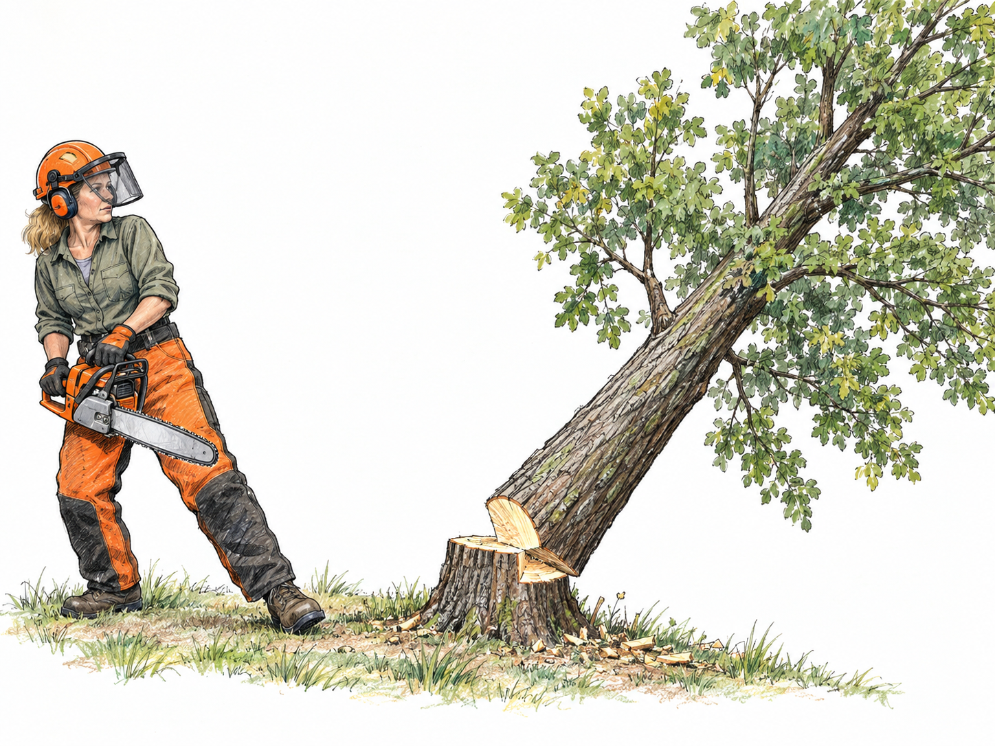 A woodcutter has cut through a small tree, which is visibly tipping away from her at its freshly cut base.