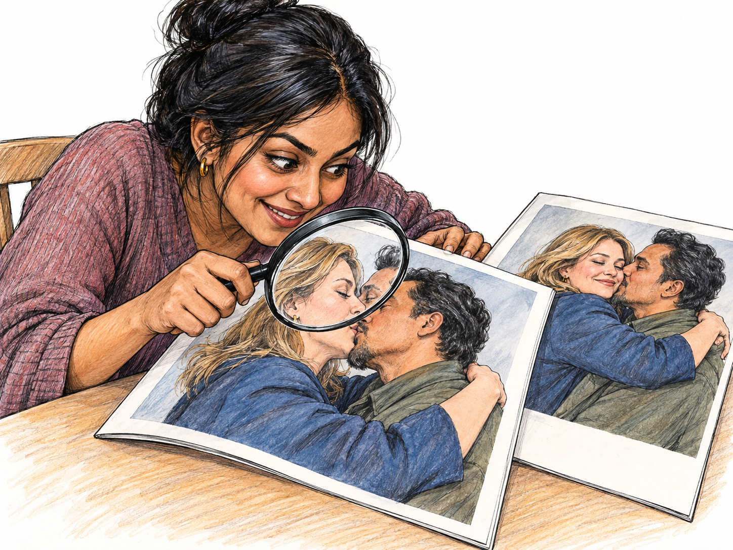 A woman eagerly pores over a spread of gossip magazines devoted to intimate celebrity encounters, using a magnifying glass to scrutinize a photograph of an adult couple kissing.