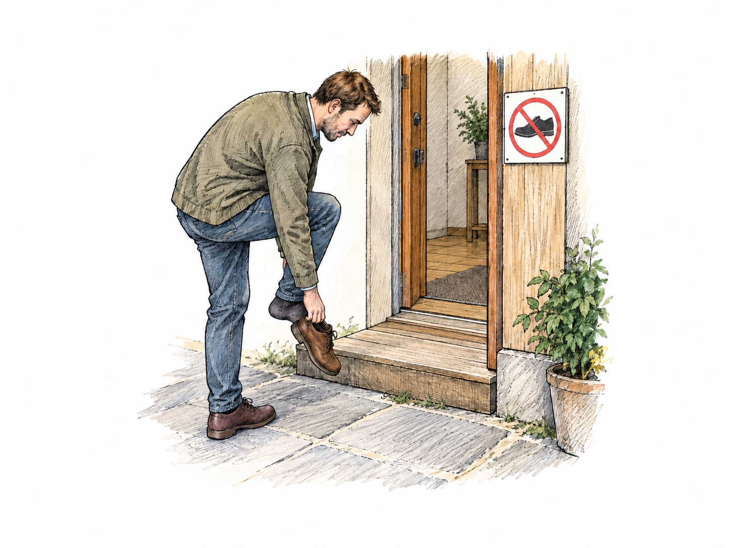 A visitor follows a shoe-removal request, taking off shoes beside a door marked only by a clear shoes-with-diagonal-slash pictogram; shoes set neatly outside before stepping inside.