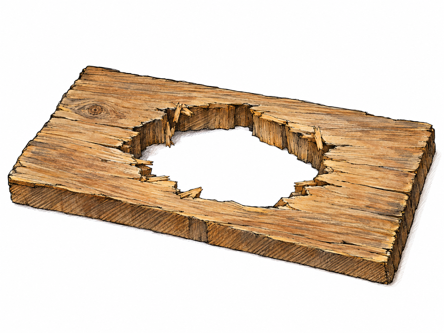 A single wooden plank with a conspicuous irregular hole through its middle, viewed obliquely so the broken inner edges and the white space beyond clearly establish an opening through a solid object.