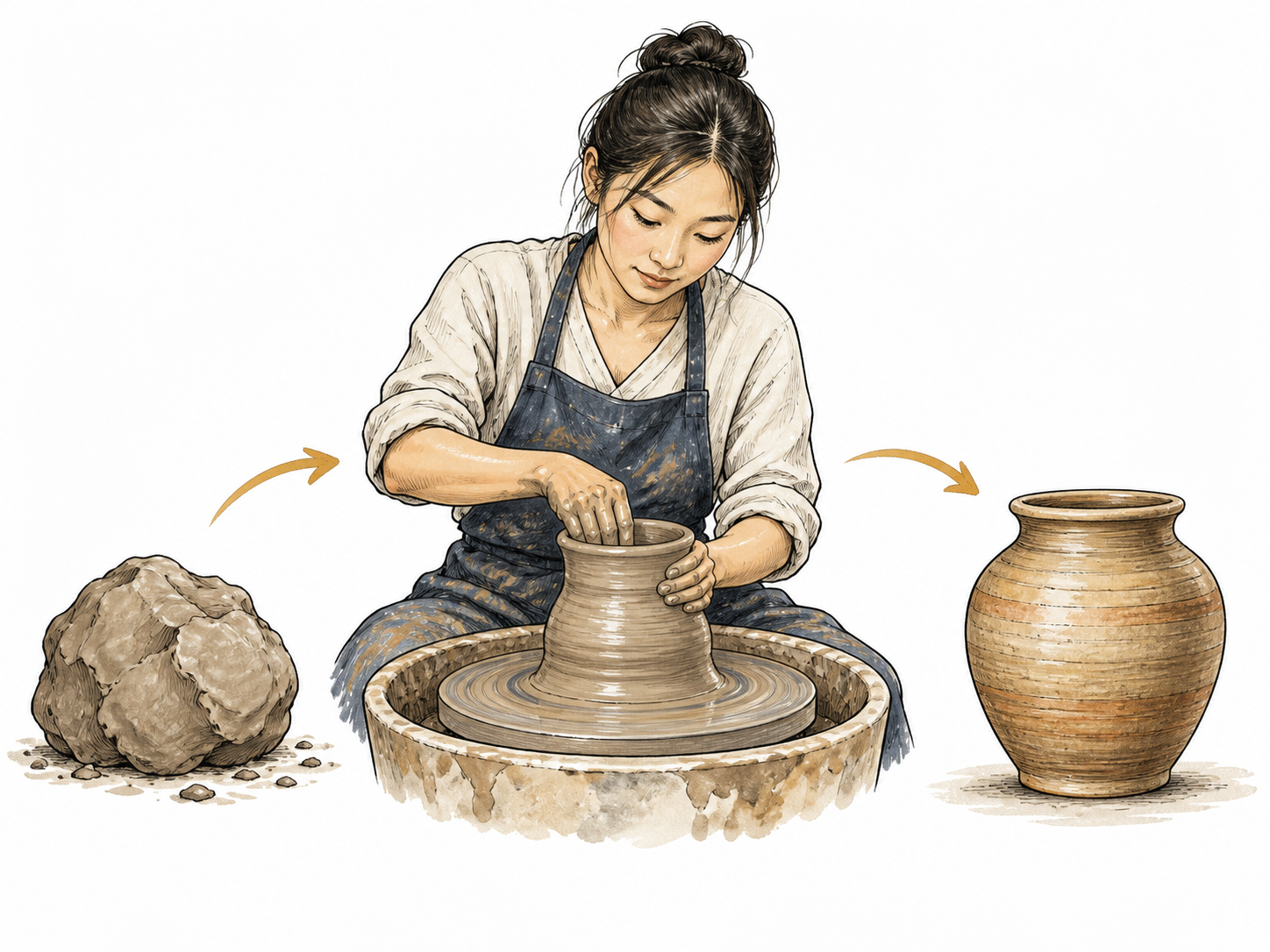 Clay moves through raw lump, shaping on wheel and finished pot in a compact visual sequence, actions producing a result, no labels.