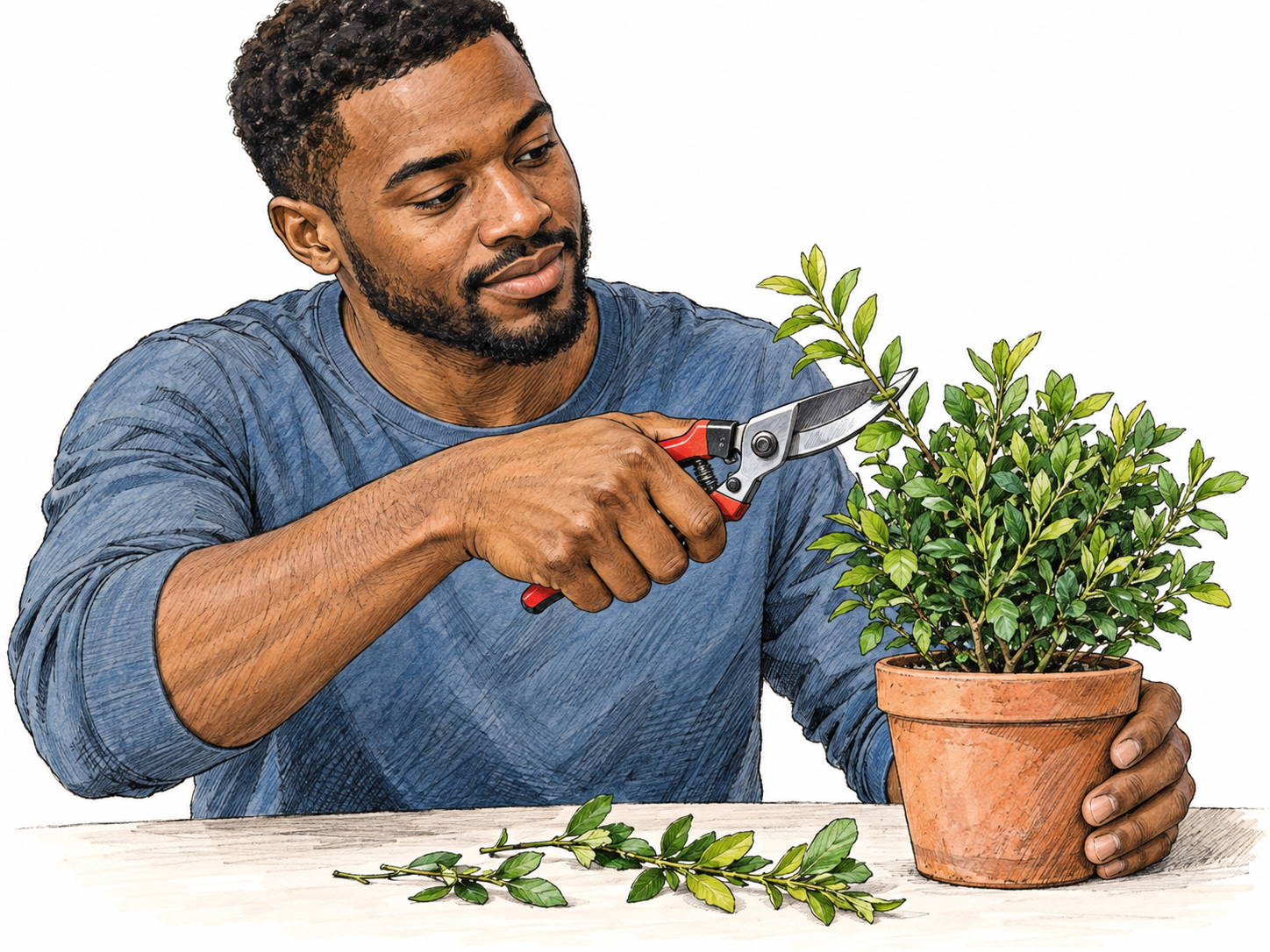 A man clips an overlong shoot from a small potted shrub with pruning shears; the blades visibly cut the stem, and fresh cuttings lie below.