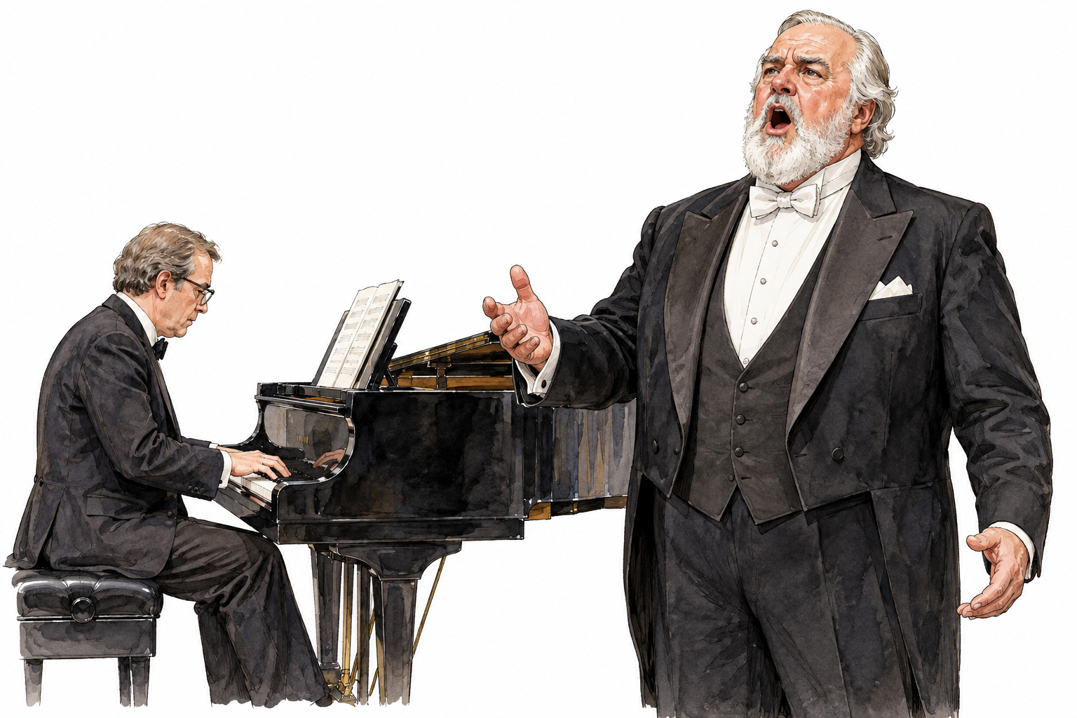 Older white male classical bass singer performs with rich low voice, open mouth, piano accompanist in background.