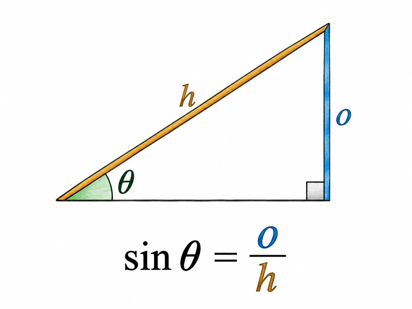 Exact right triangle with theta at lower left, right angle at lower right, opposite vertical right side labeled o and diagonal hypotenuse labeled h.