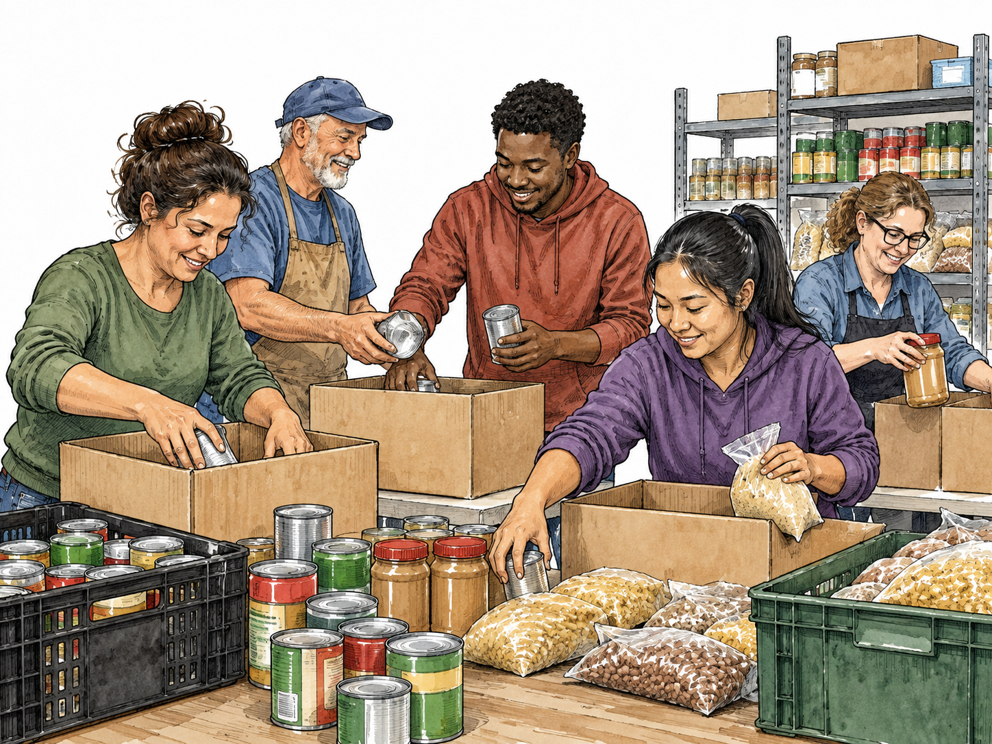 Community food bank team sorts supplies together for shared purpose.