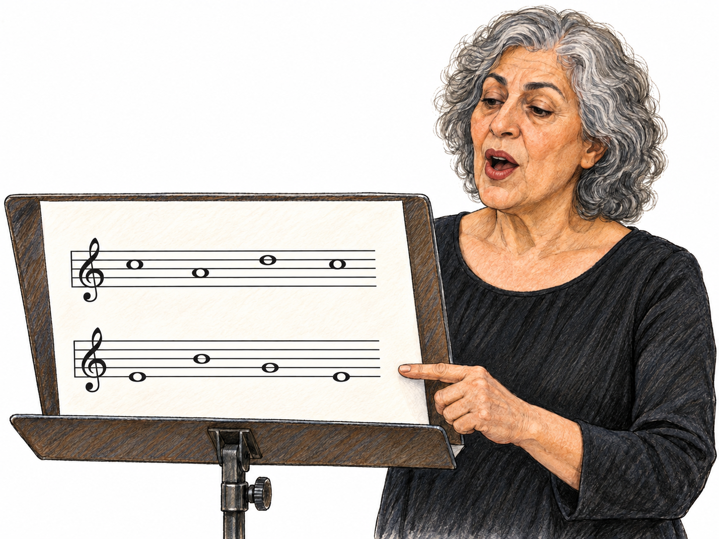 An older female singer rehearses the low female part from a foreground score whose lower-register melody contrasts clearly with a higher melody, using only notes within the treble staff to avoid the failed ledger-line construction.