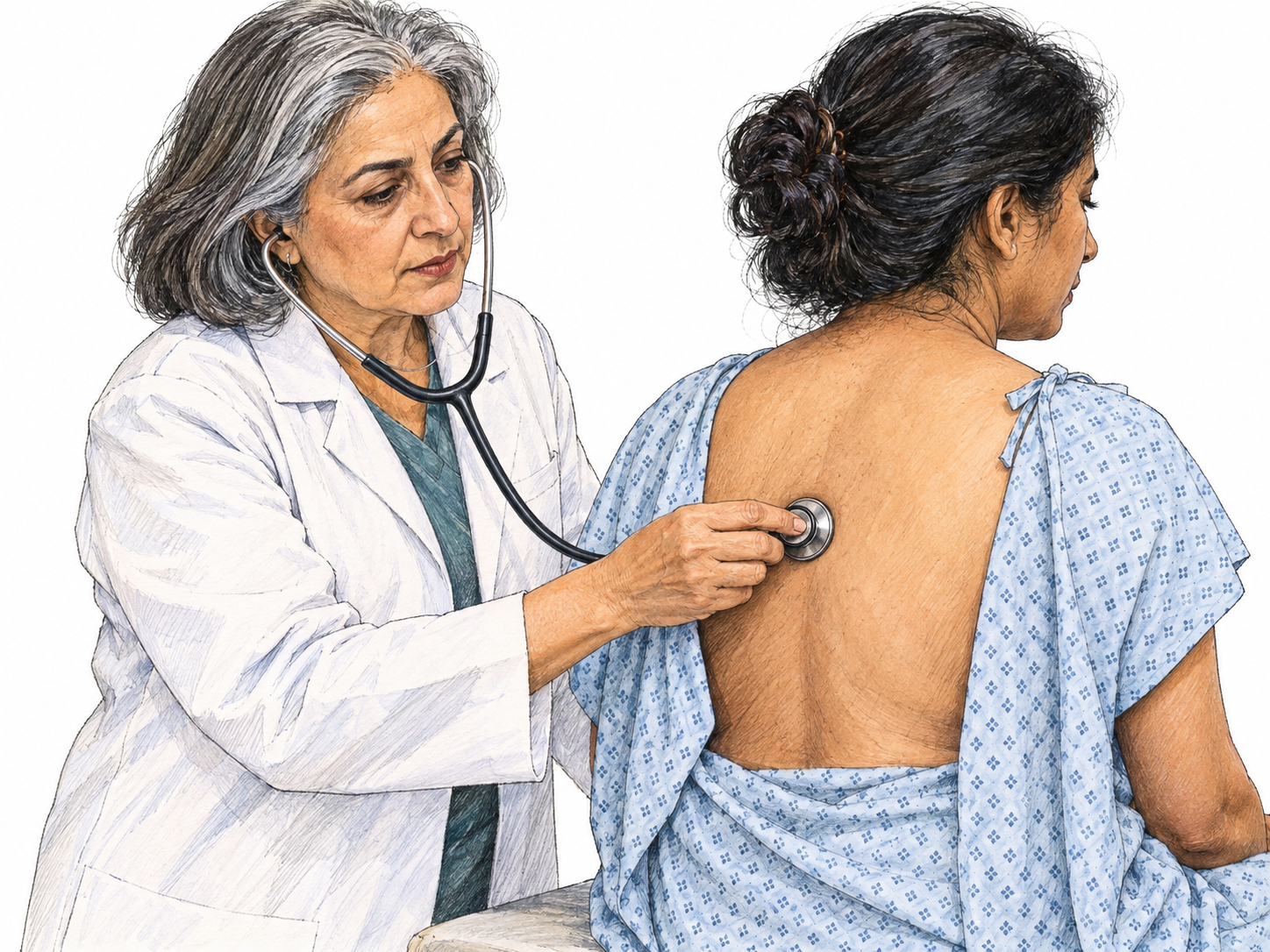 A clinician listens to a seated patient's lungs with a stethoscope, with the earpieces visibly in her ears and the chestpiece against the patient's exposed upper back.