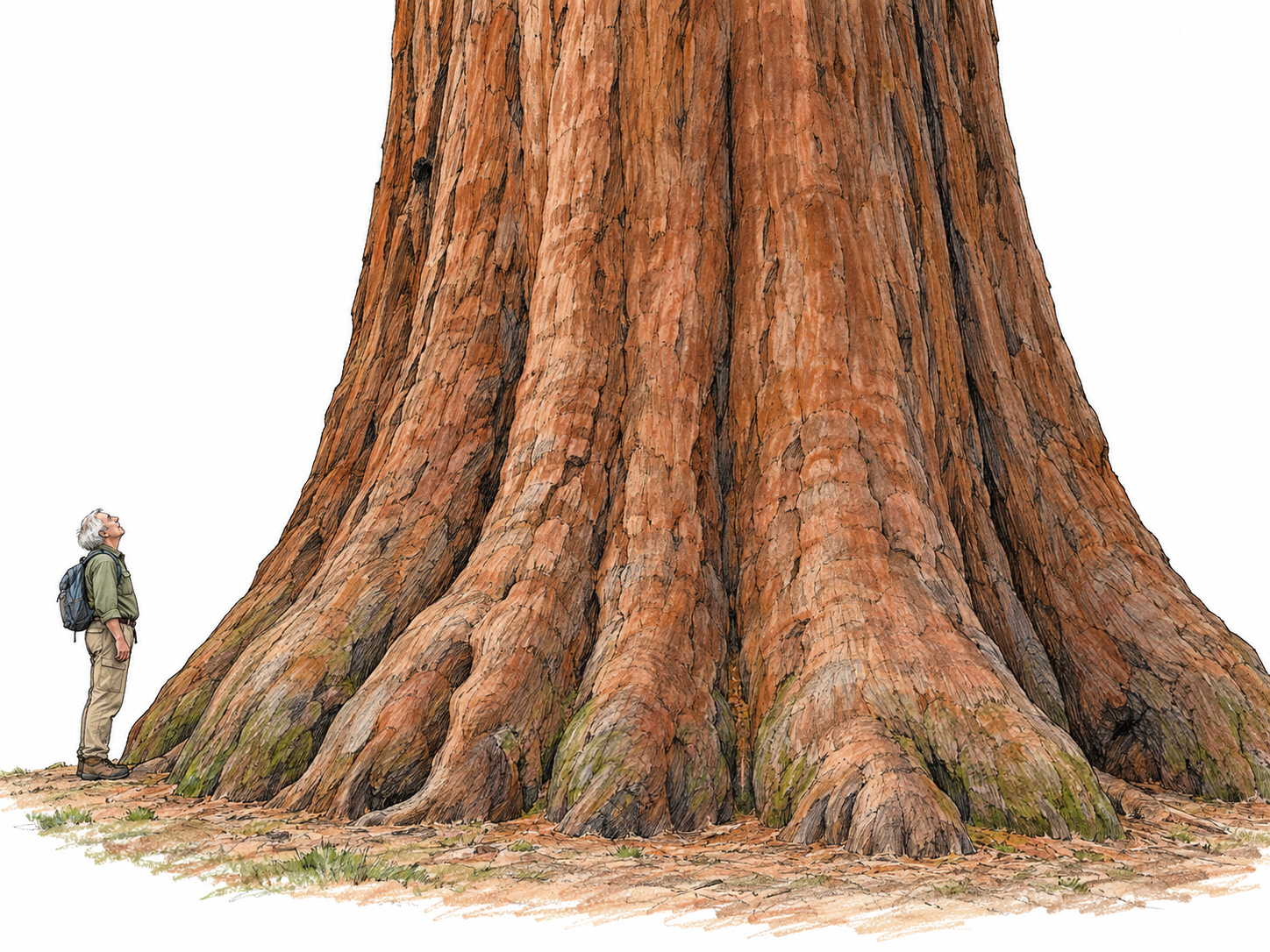 An enormous sequoia towers over a tiny older hiker at its base, using familiar human scale to make the tree's immense size immediately visible.