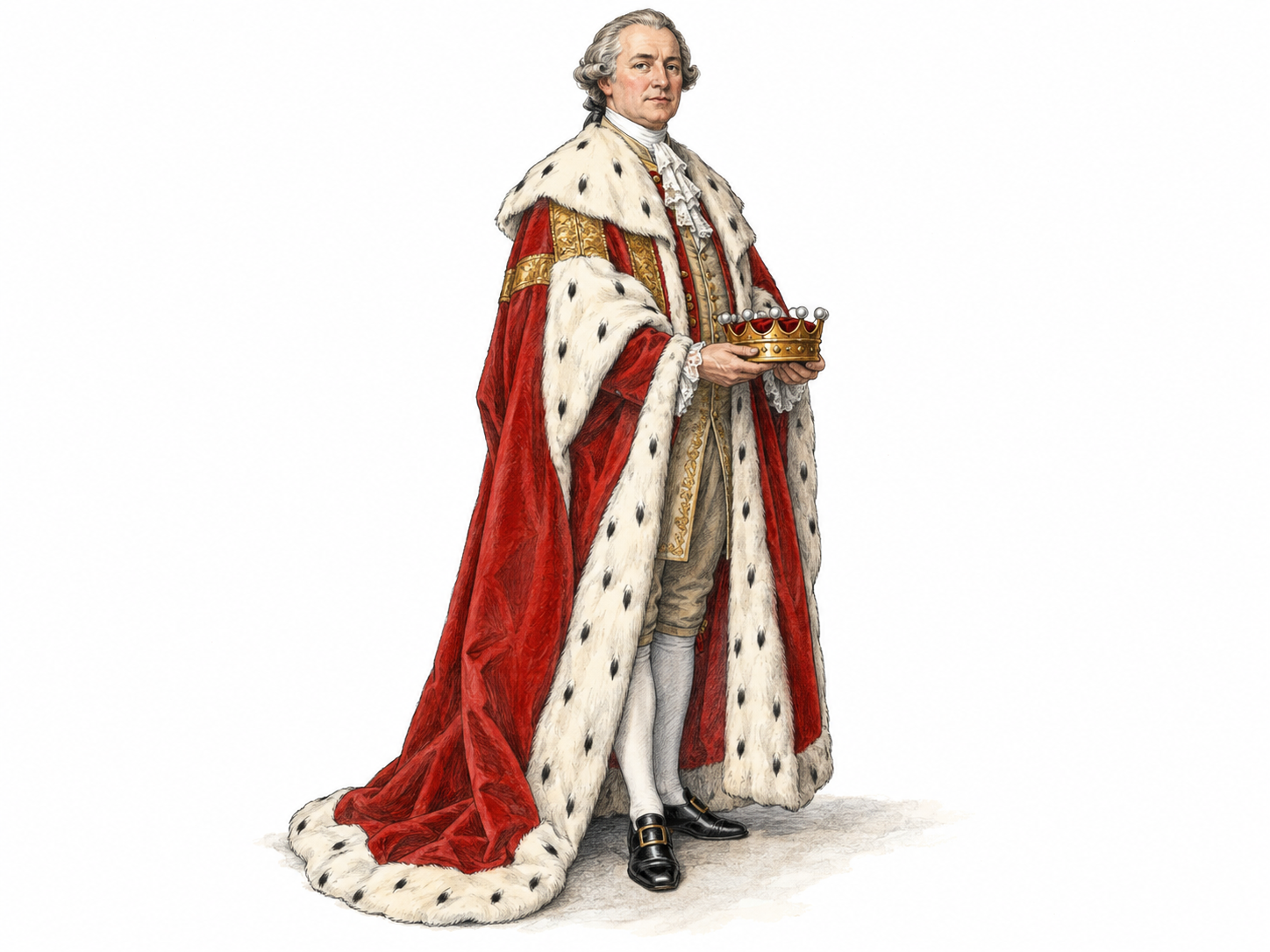 A British nobleman in eighteenth-century peerage robes holds a small coronet at his waist, making hereditary noble rank visible rather than merely suggesting wealth.