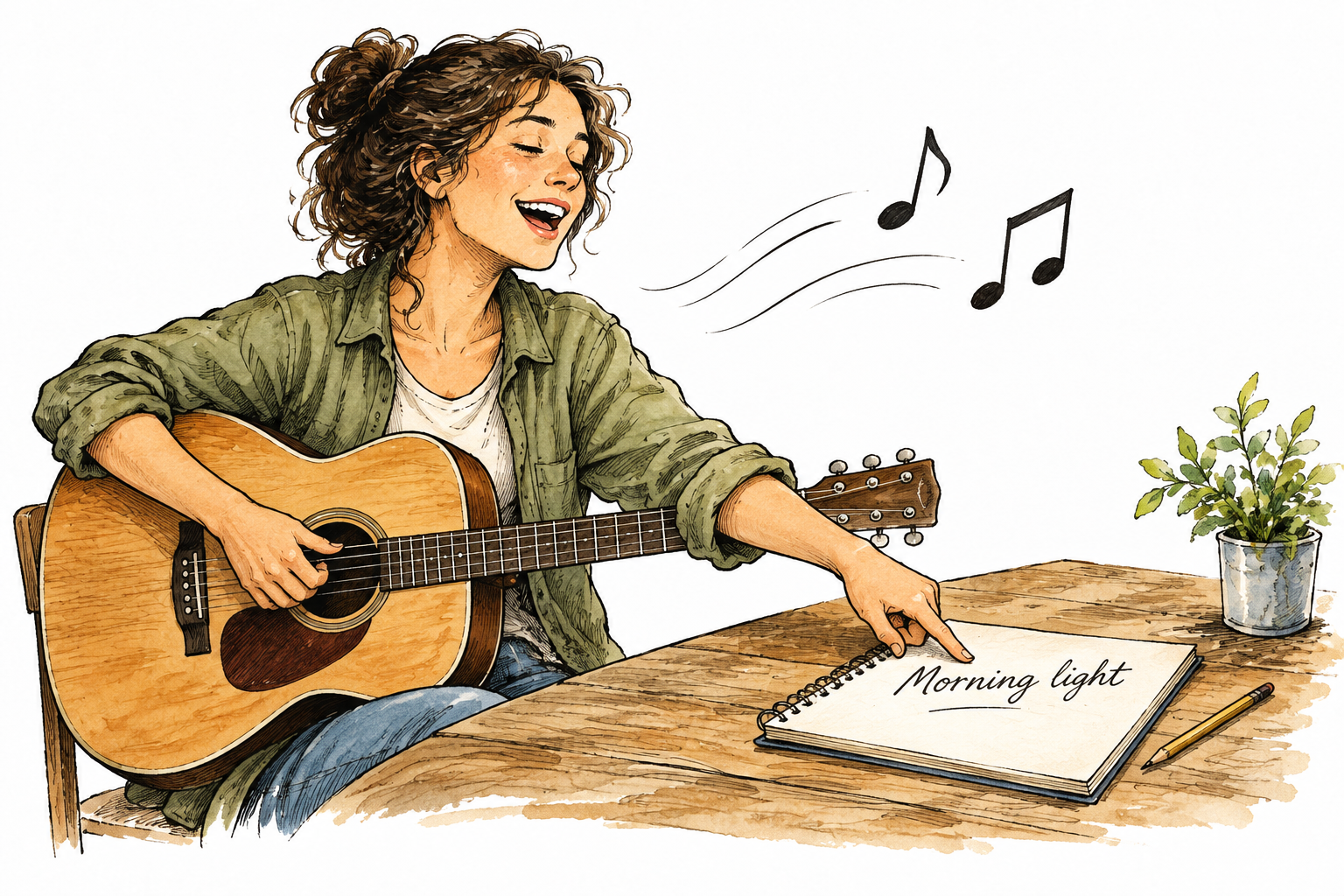 Songwriter sings while pointing at handwritten song words beneath simple musical notes.