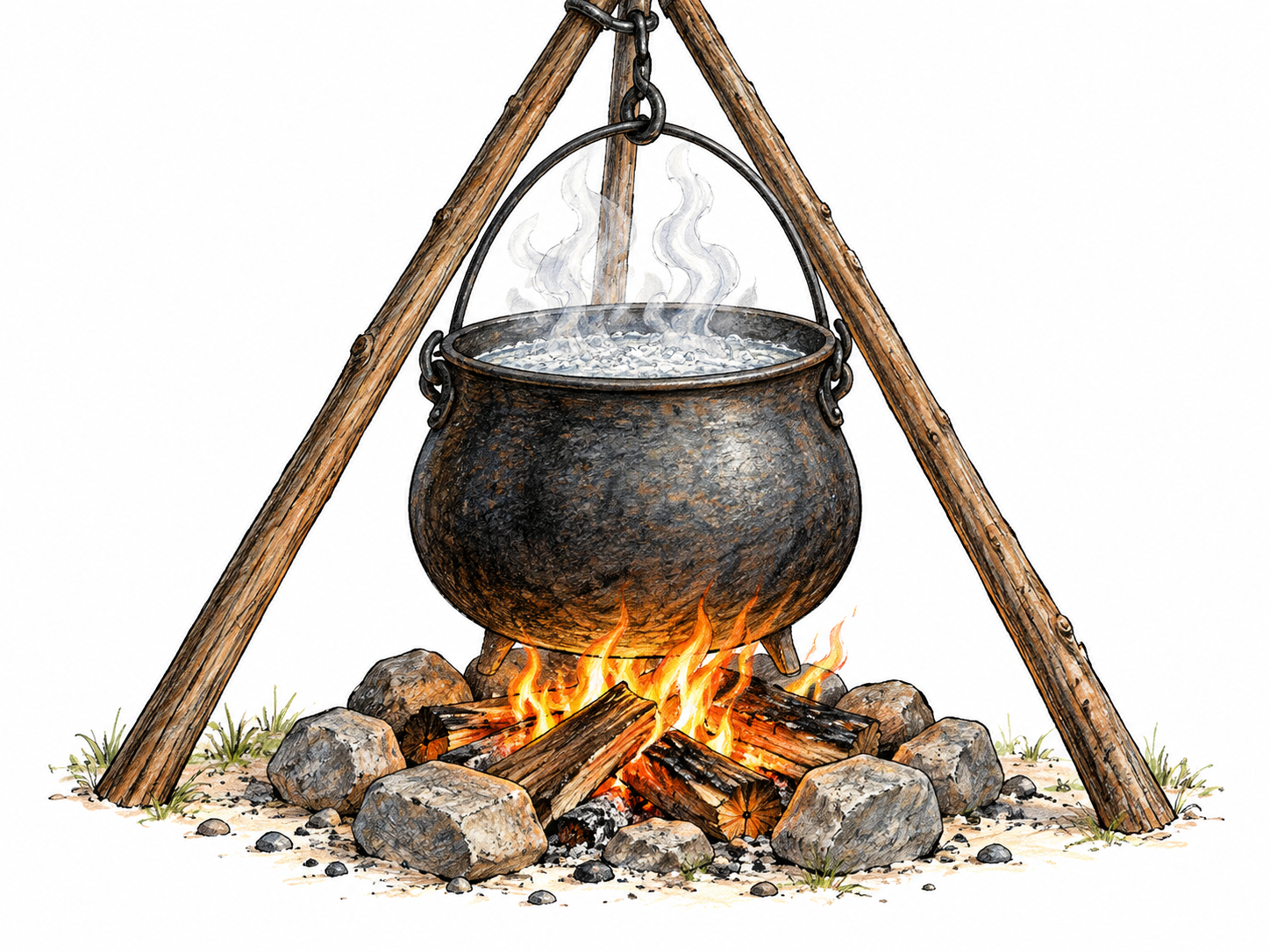 A large black iron cauldron hangs from a stout tripod over a small wood fire, its curved belly and steam clearly drawn; no witchcraft props or dense forest backdrop.