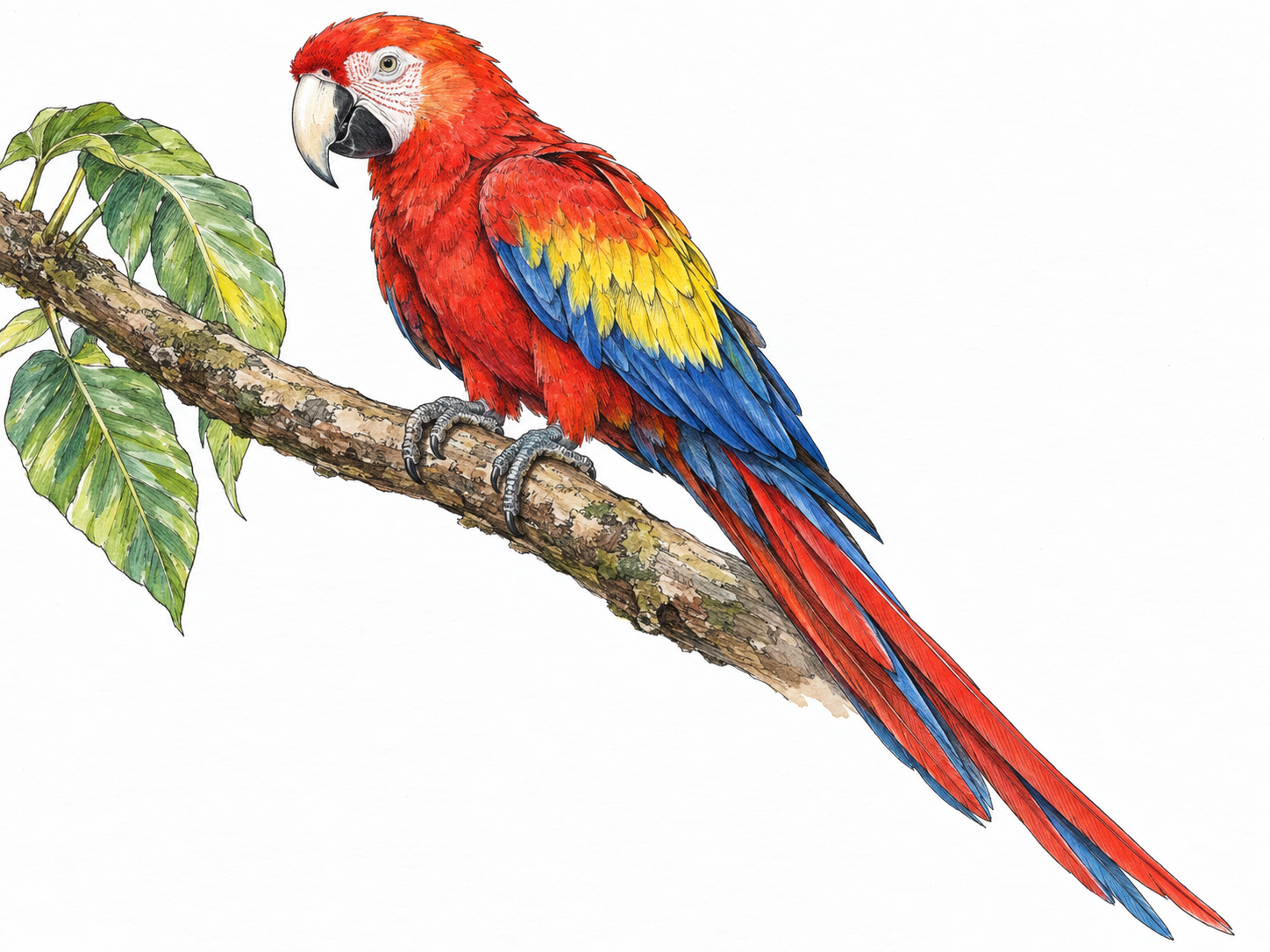 A single scarlet macaw perched sideways on a sturdy tropical branch, with its massive hooked beak, pale facial patch, brilliant red body, yellow-and-blue wings, and exceptionally long tapered tail clearly visible.