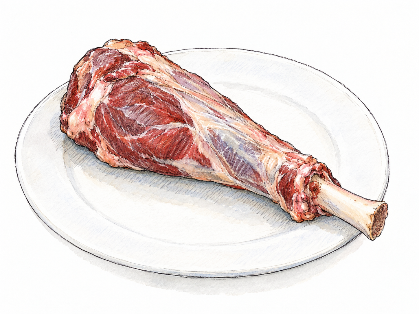 A single raw lamb shank on a plain white plate, with its tapered lower-leg shape and exposed bone end clearly visible, illustrating the meat-cut sense.