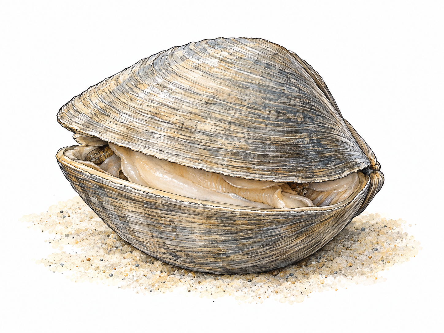 A single hard clam viewed obliquely with its two rounded, ridged shell valves partly open, clearly joined at the hinge and enclosing the soft animal.