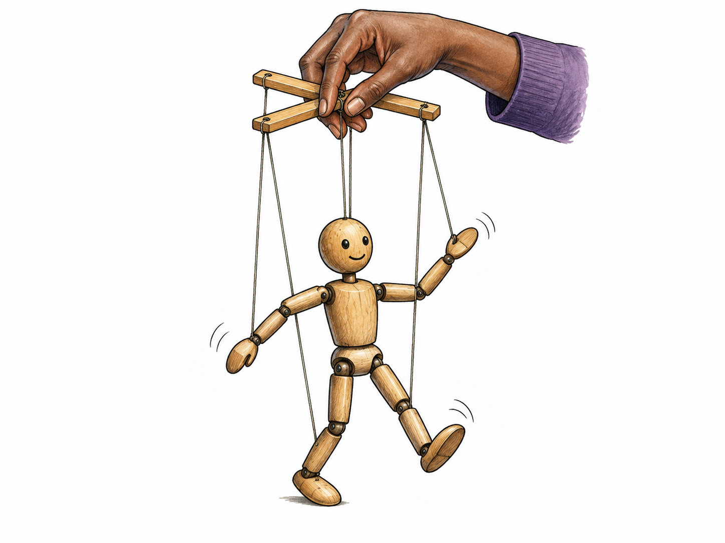 Visible adult hand manipulates strings attached to a small wooden marionette with moving arms and legs; show controller and strings clearly.