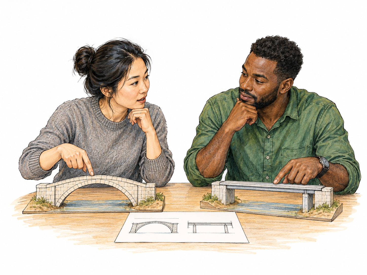 Two adult discussants examine opposing options for a small bridge model: one points to an arch, other points to a beam.