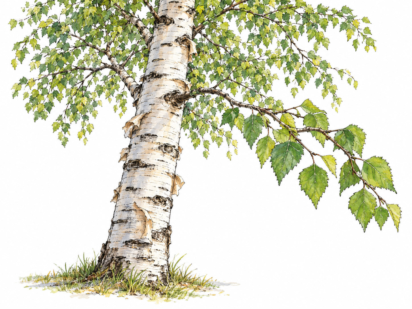 A single birch tree with papery white bark peeling into thin curls and fine branches bearing small serrated green leaves; a low leafy branch brings the identifying details close to view.