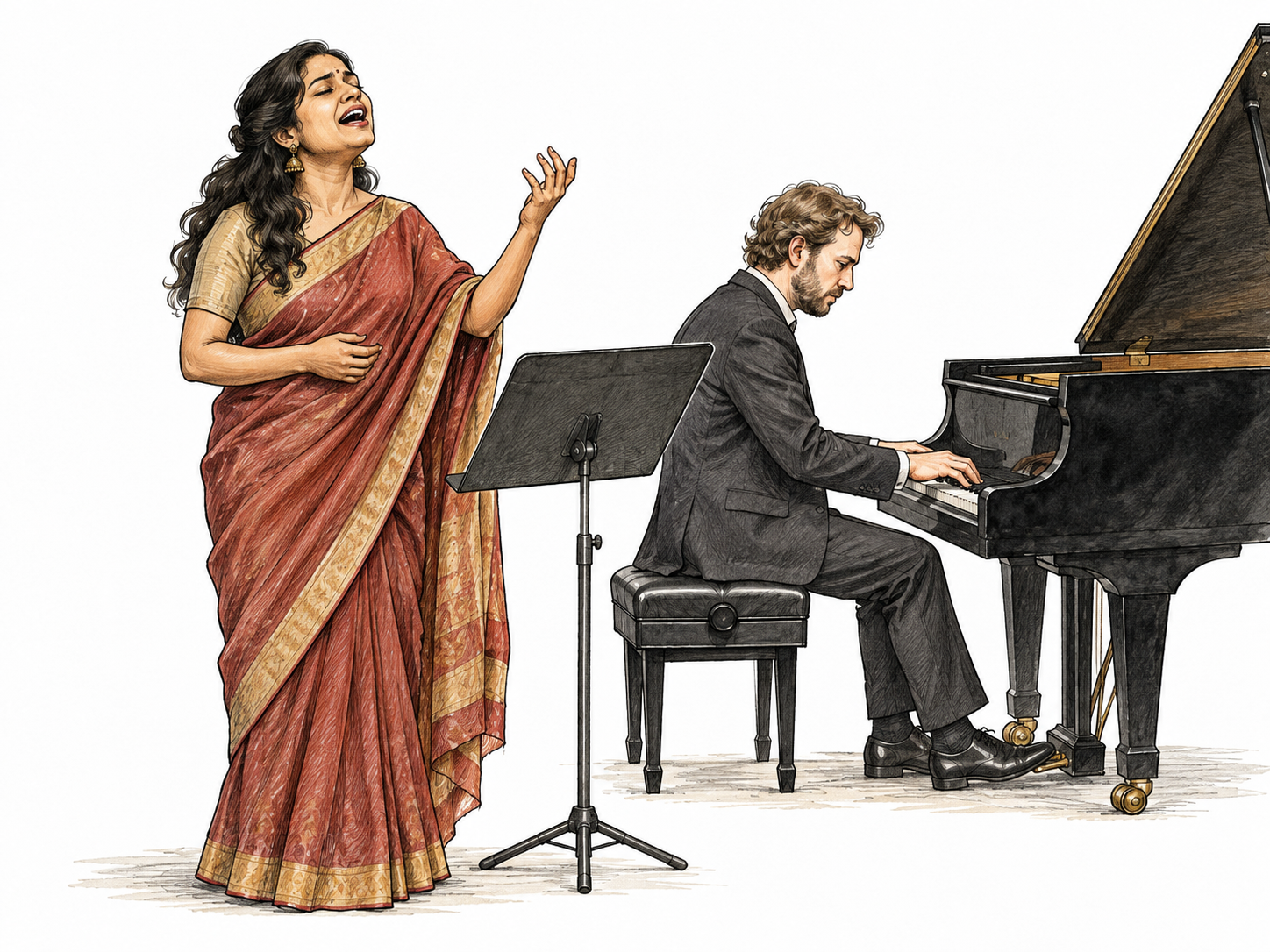 A singer gives an expressive performance with a pianist at a small recital, blank music stand, clear rendition of a work without text.