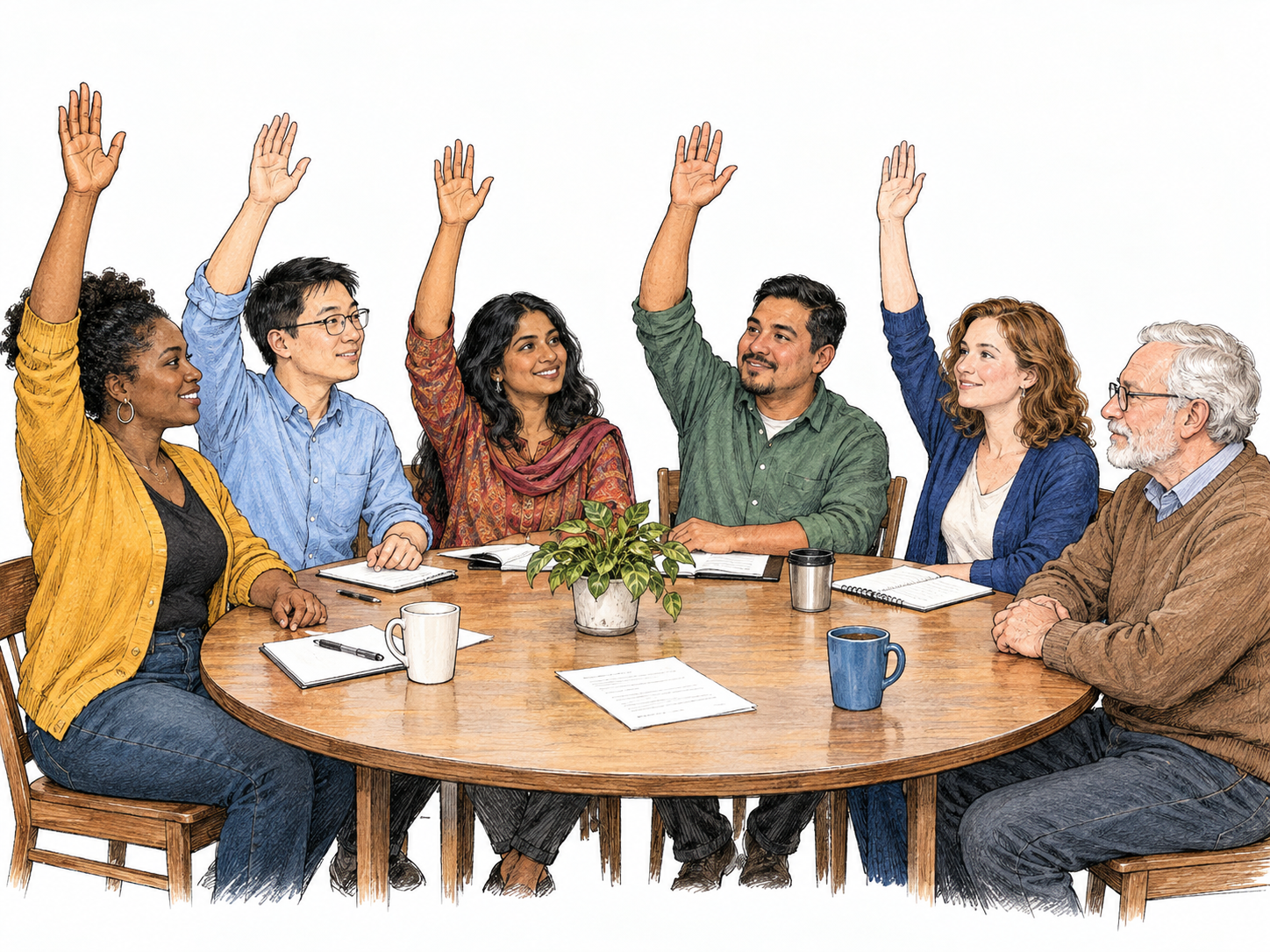 Community meeting votes by raised hands around one small table, a clear majority of five raises hands while one does not; respectful participatory governance, no signs.