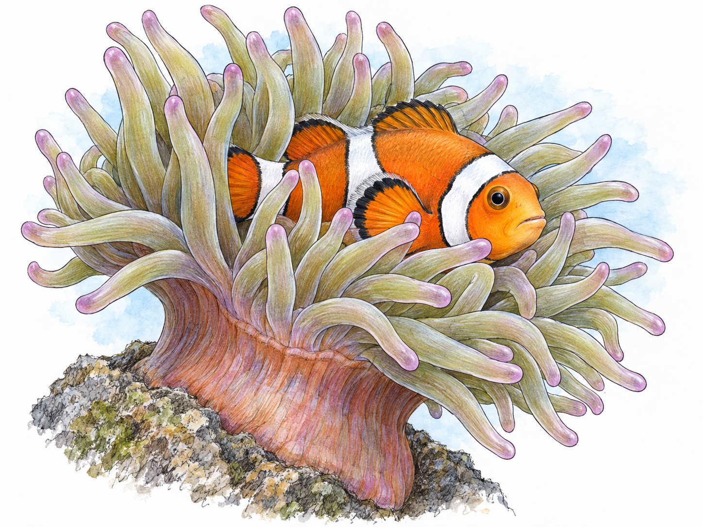 A clownfish nestled safely among a living sea anemone’s tentacles, showing two different organisms sharing an intimate habitat.