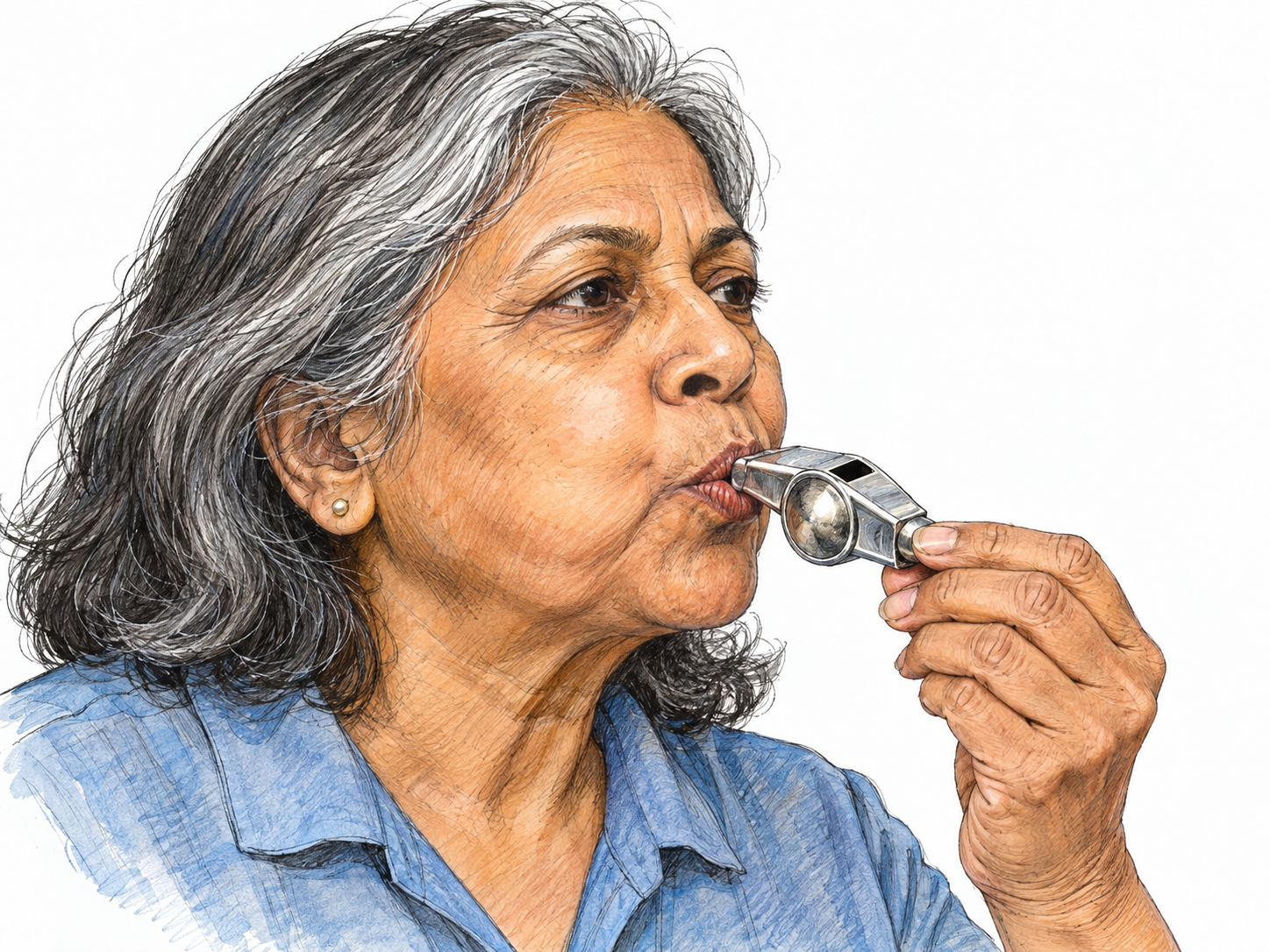 A close three-quarter view of a woman actively blowing a small metal whistle, with its mouthpiece between her lips and its open sound slot clearly visible.