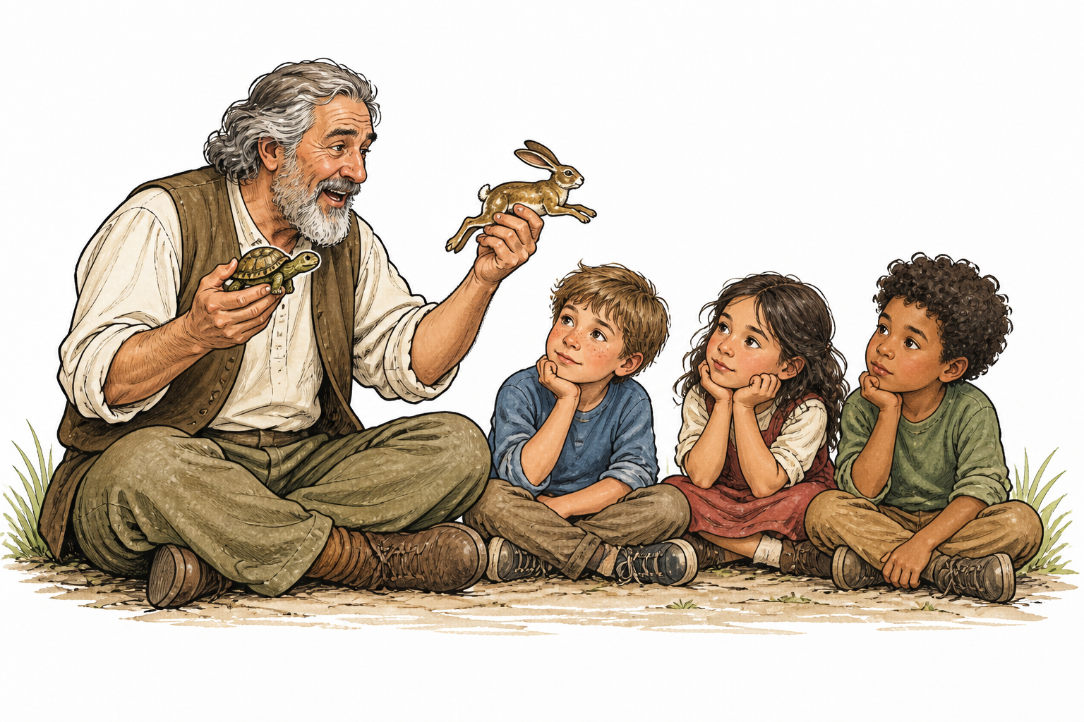 Storyteller tells children a moral tale using small tortoise and hare figures; children thoughtful.