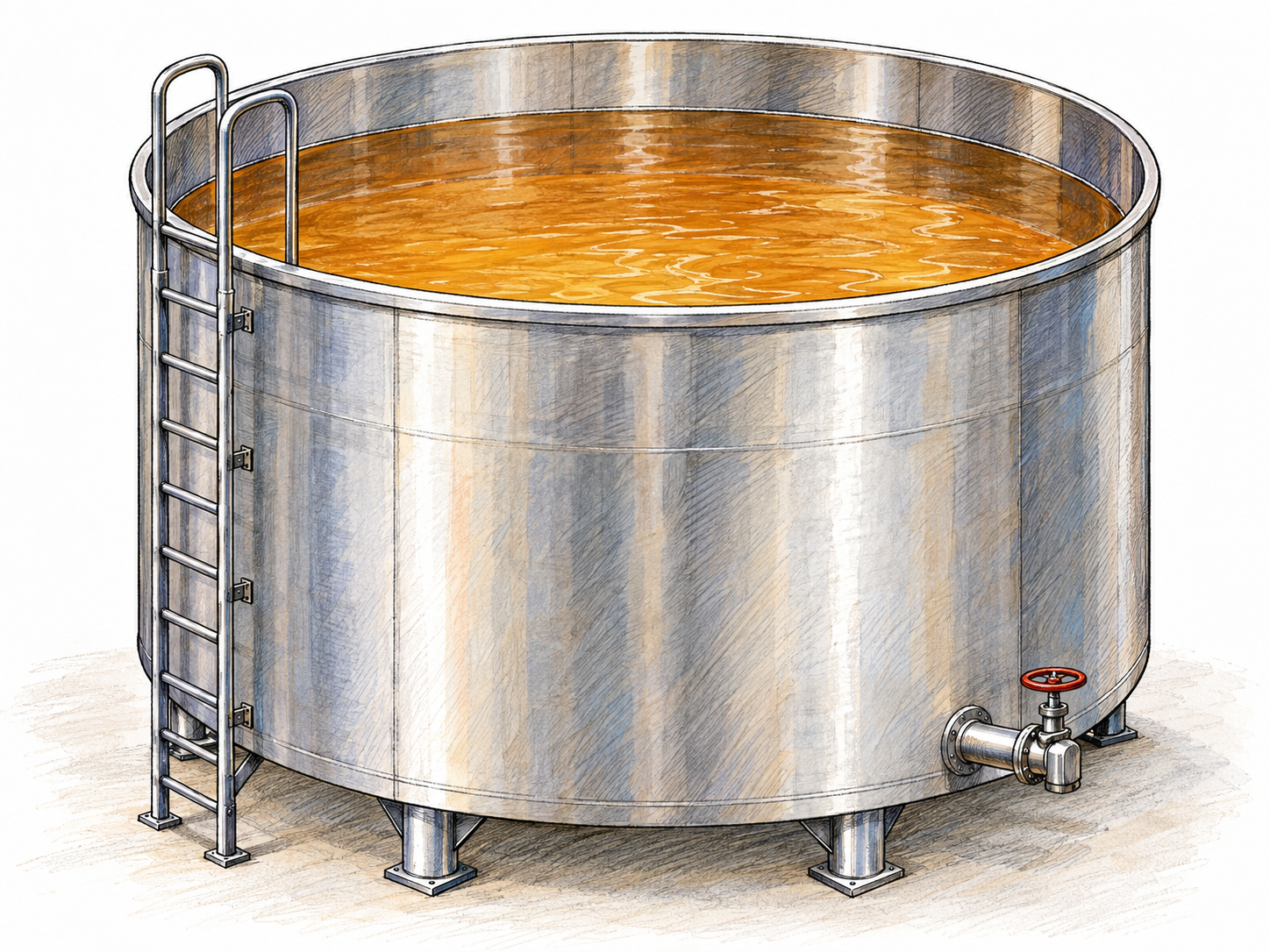 A large open industrial vat filled with amber liquid, with a fixed access ladder and bottom drain valve making its scale and liquid-processing function clear.