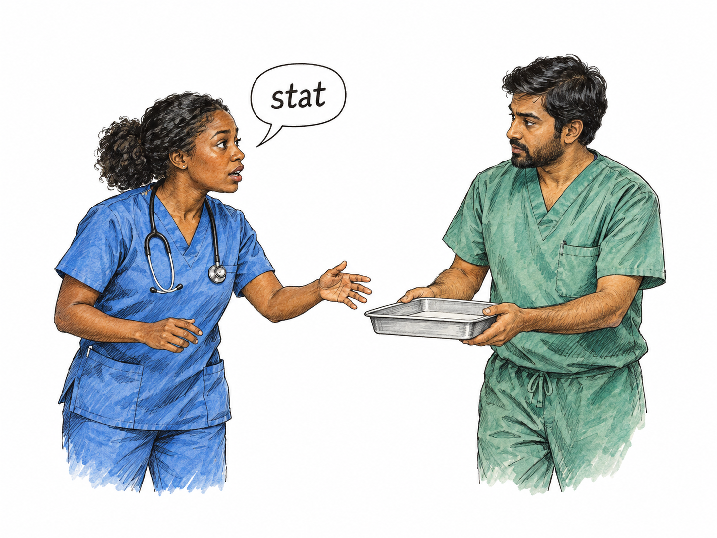 Two modern clinicians communicate in a hospital-work context: one urgently asks a colleague for a supply tray with a single small speech bubble reading only 'stat'.