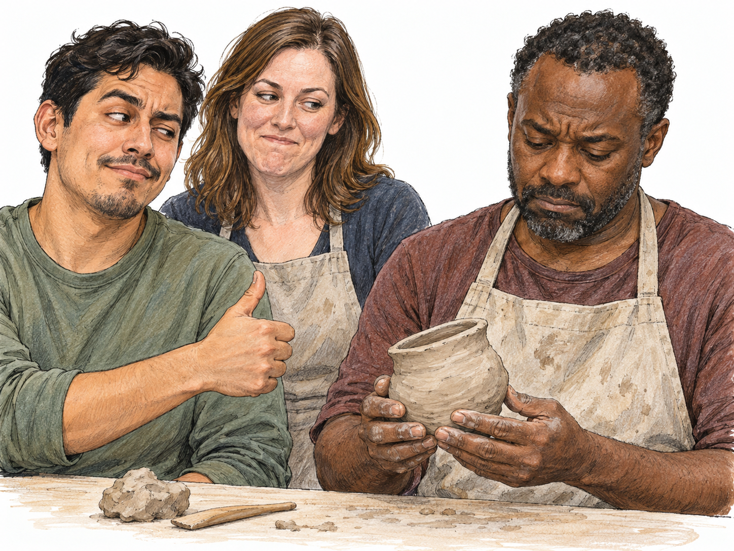 A pottery-class participant gives a visibly insincere little thumbs-up to another man's lopsided pot while sharing a sidelong, derisive smirk with a classmate.